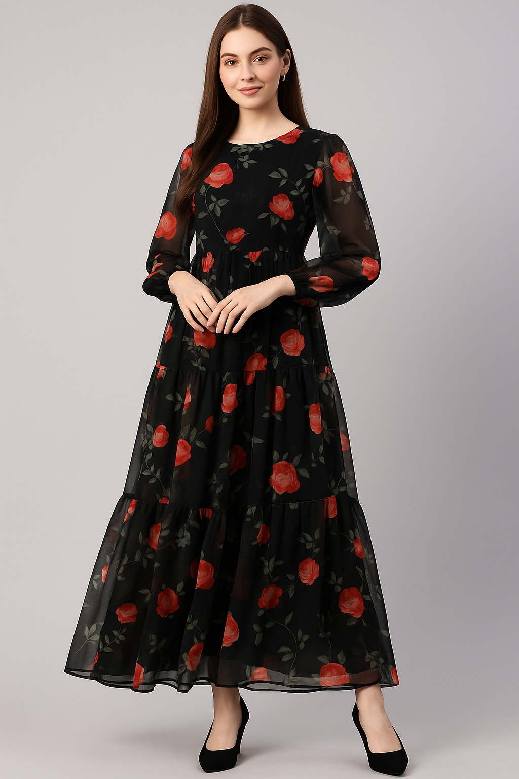 Elegant Floral Over Black Base Digital Printed Fabric