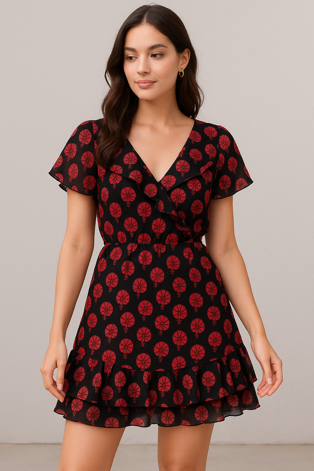 Beautiful Red Floral Over Dark Blue Base Printed Fabric