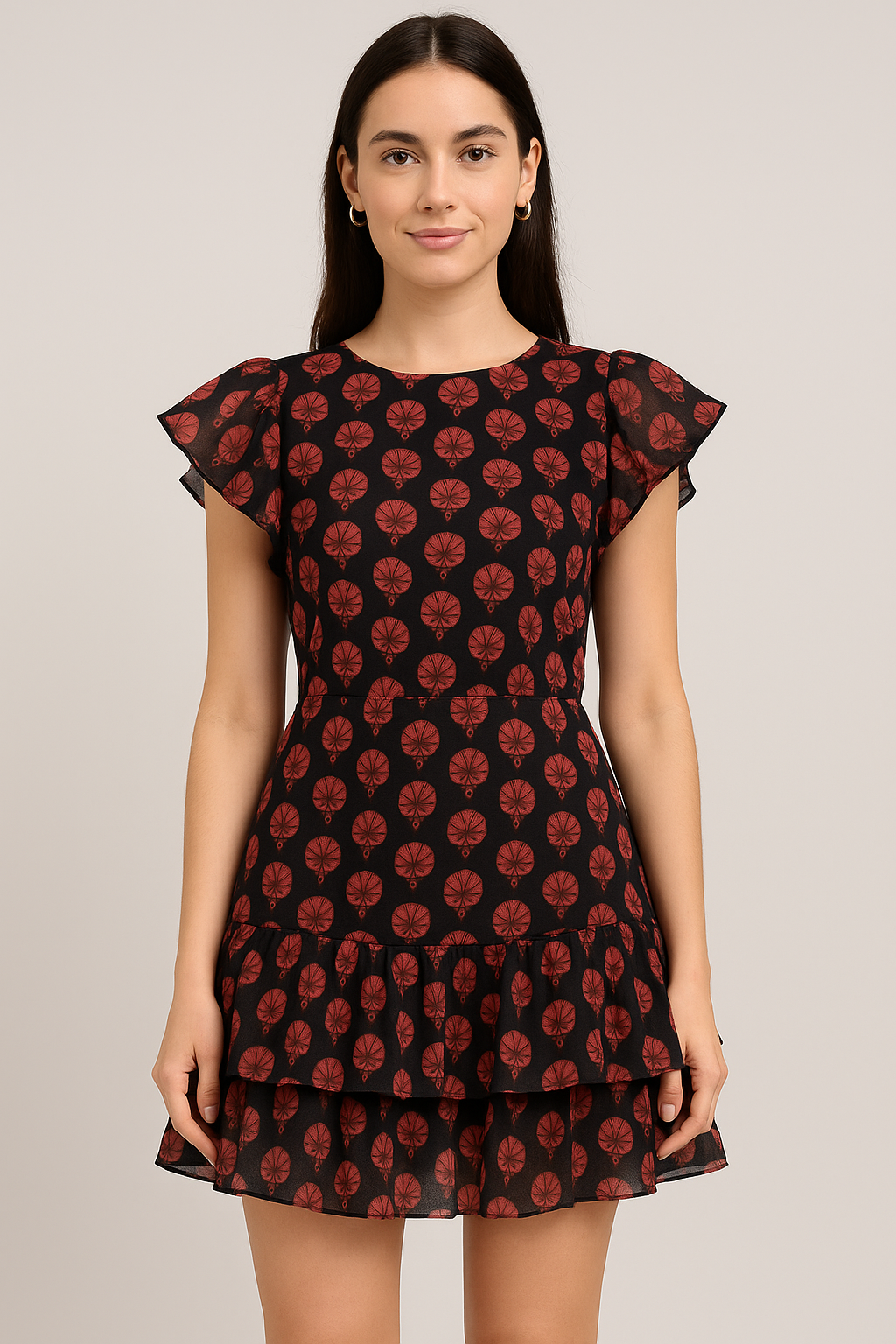 Beautiful Red Floral Over Dark Blue Base Printed Fabric