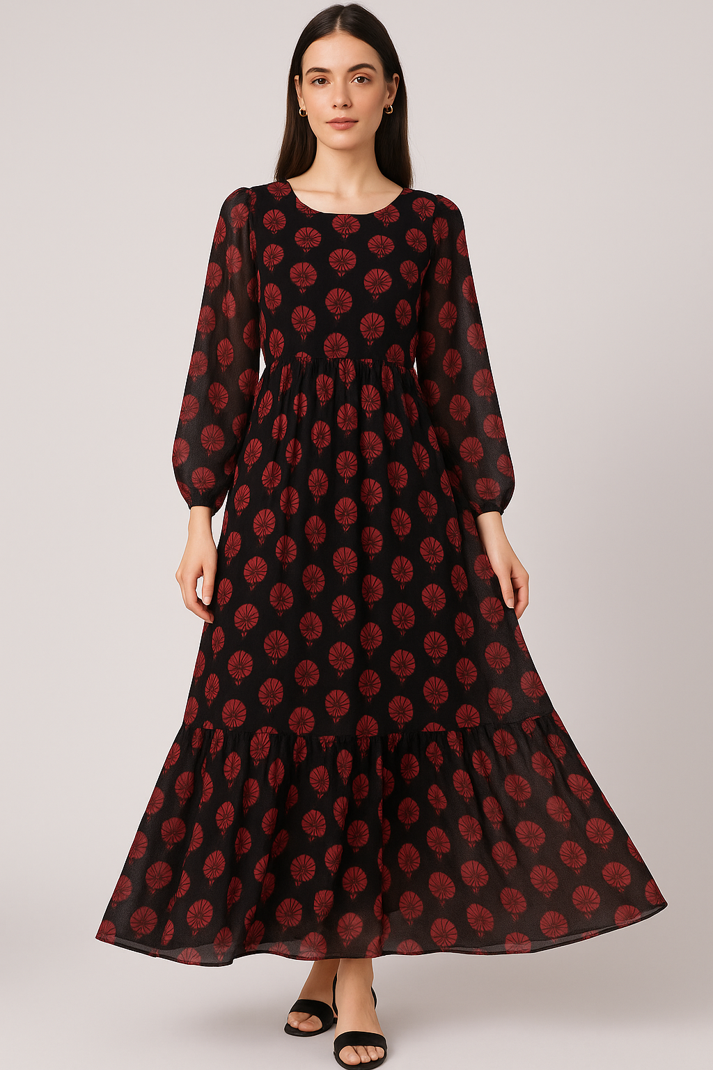 Beautiful Red Floral Over Dark Blue Base Printed Fabric