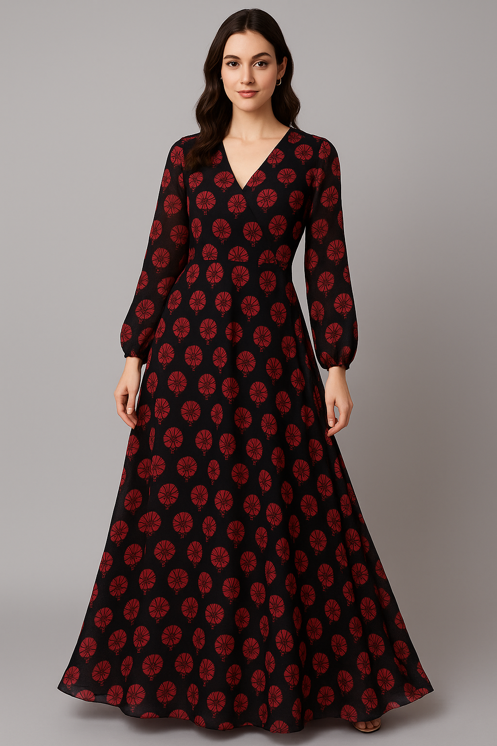 Beautiful Red Floral Over Dark Blue Base Printed Fabric