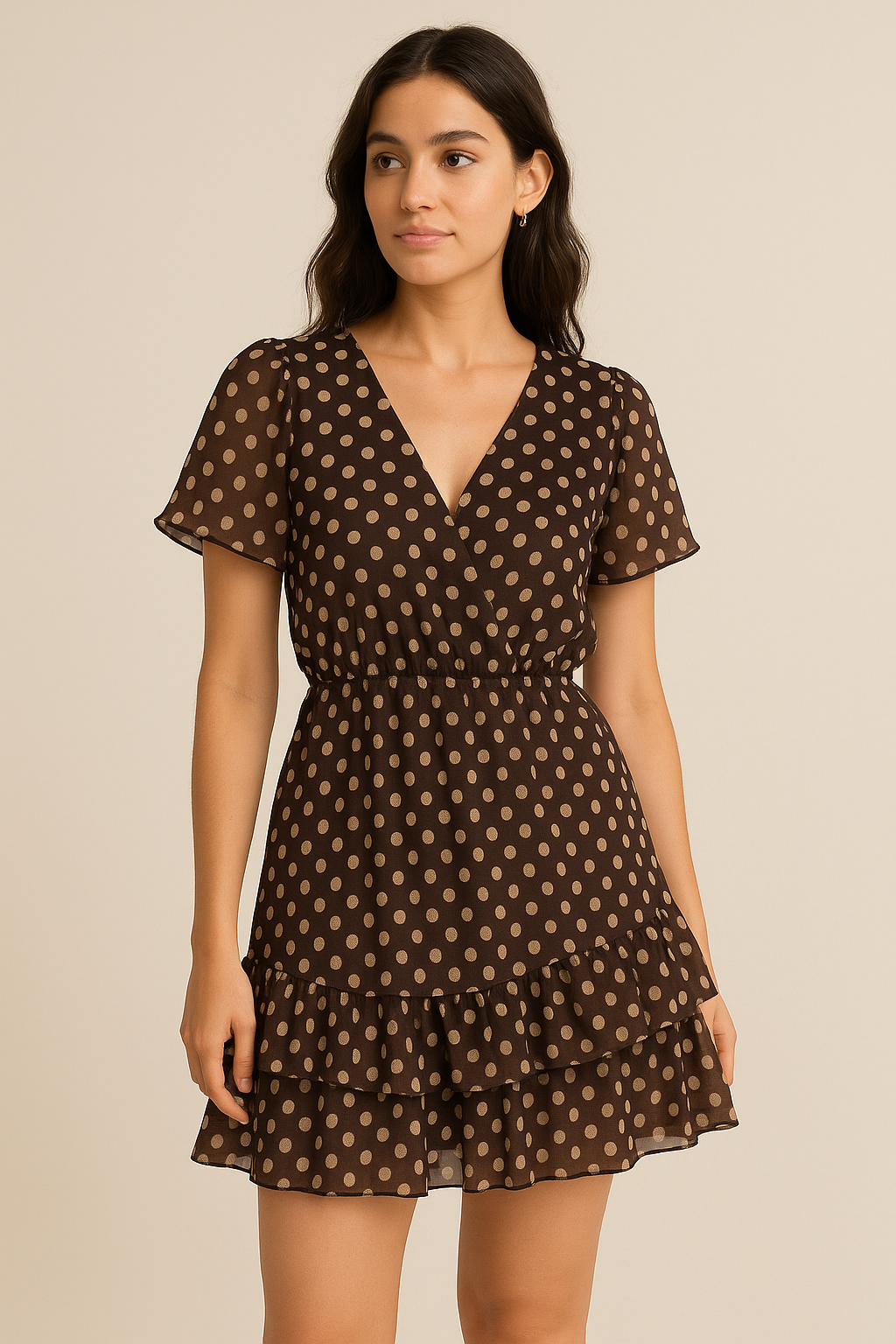 Brown Polka Dot Digital Printed Fabric - Pure Georgette