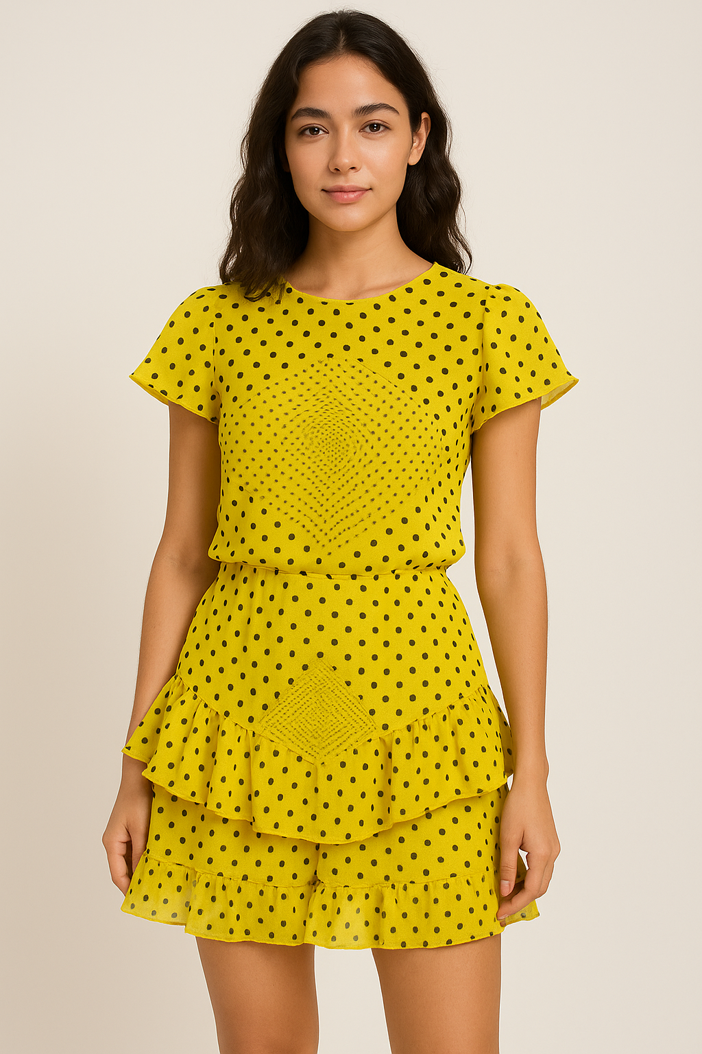 Yellow Polka Dot Digital Printed Fabric - Pure Georgette