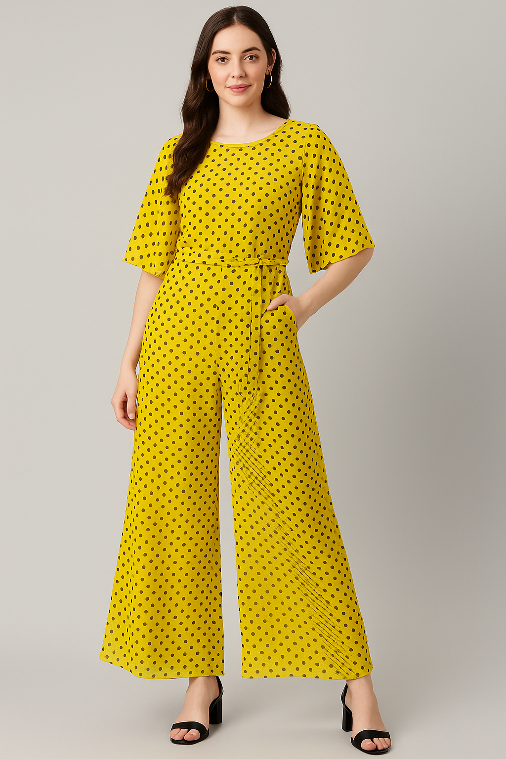 Yellow Polka Dot Digital Printed Fabric - Pure Georgette