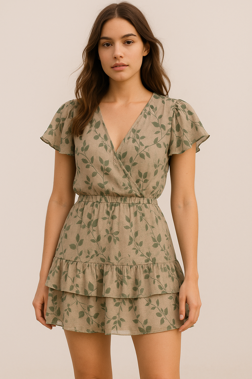 Olive Stalk And Leaves Digital Printed Fabric - Pure Georgette