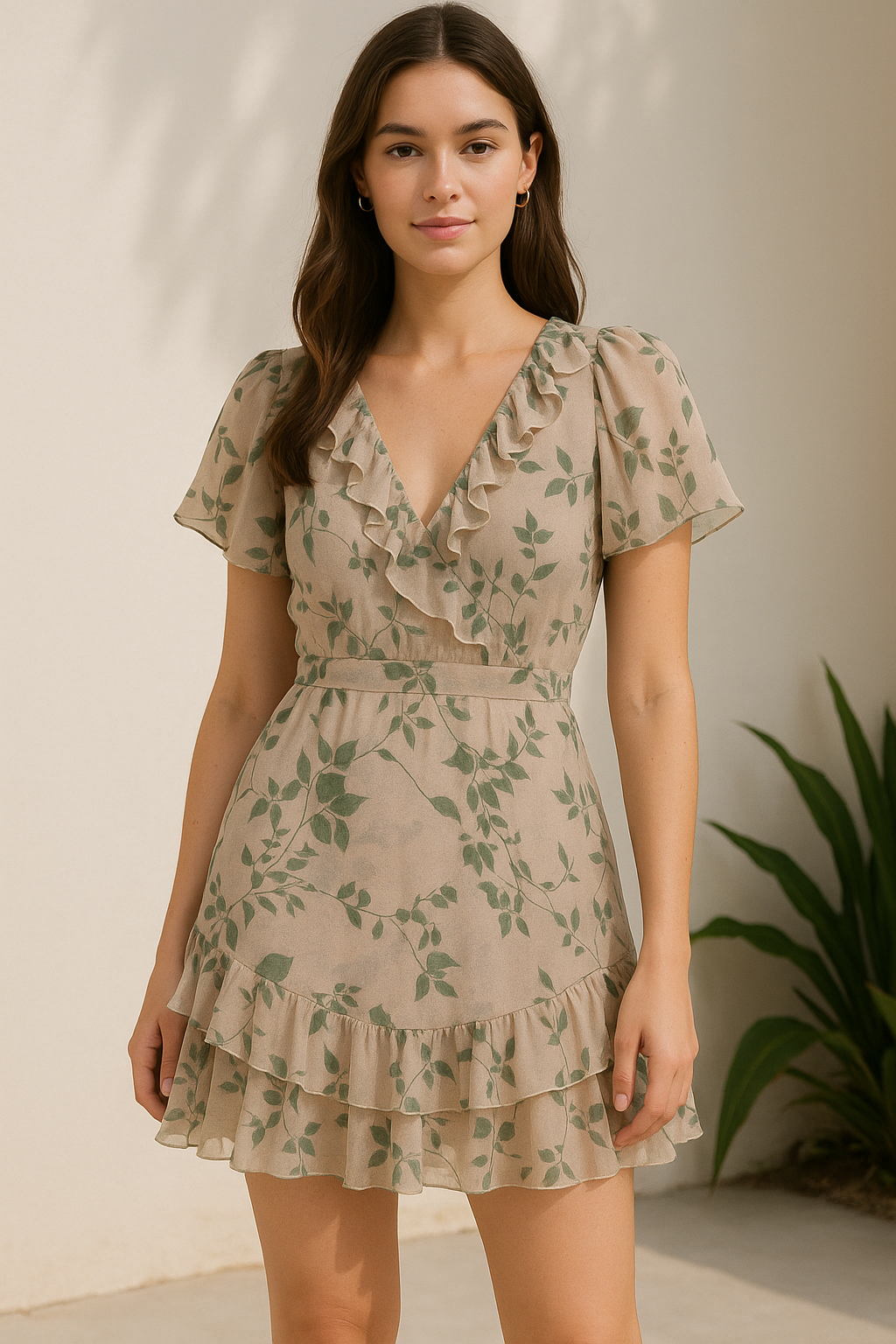 Olive Stalk And Leaves Digital Printed Fabric - Pure Georgette