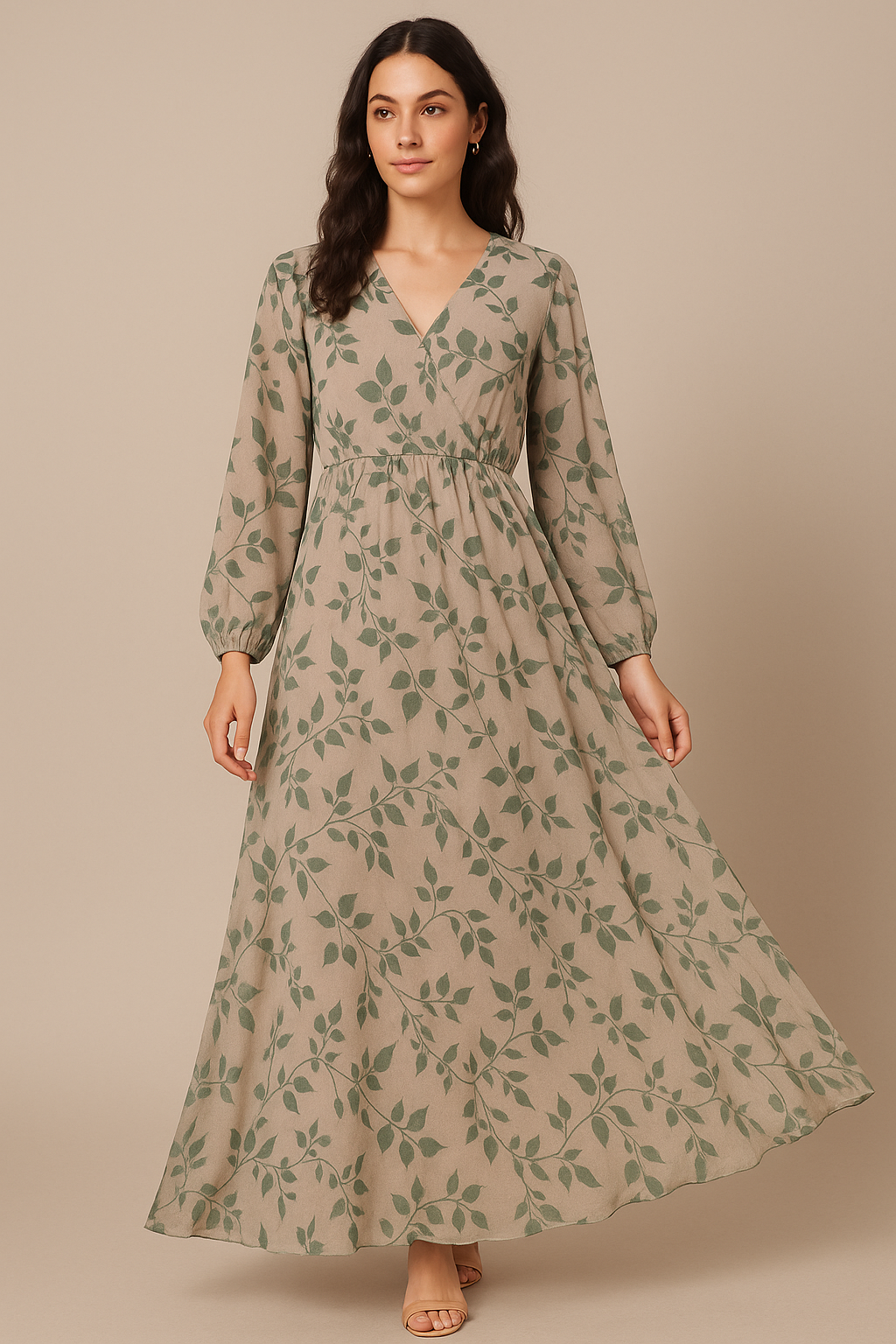 Olive Stalk And Leaves Digital Printed Fabric - Pure Georgette