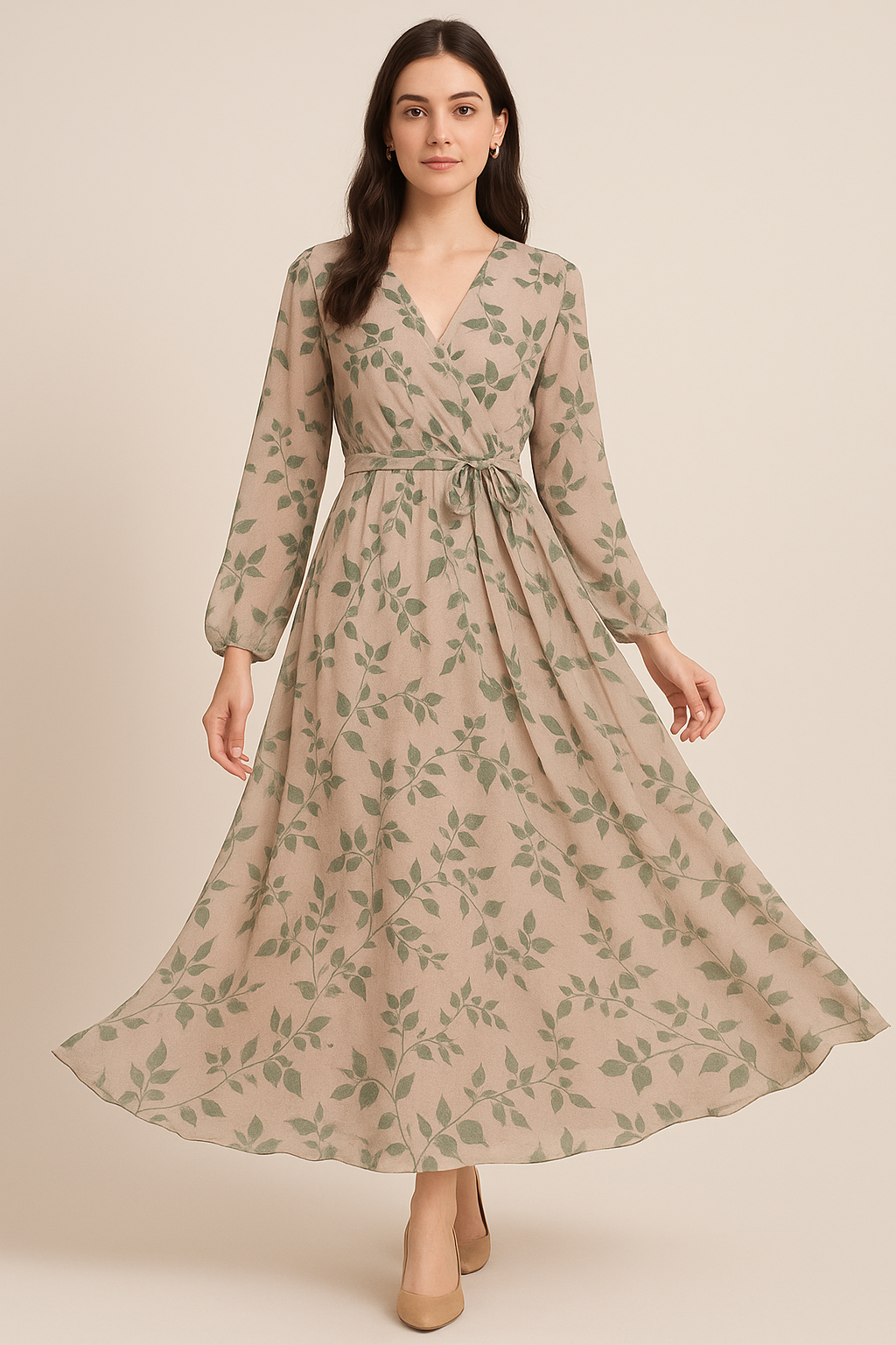 Olive Stalk And Leaves Digital Printed Fabric - Pure Georgette