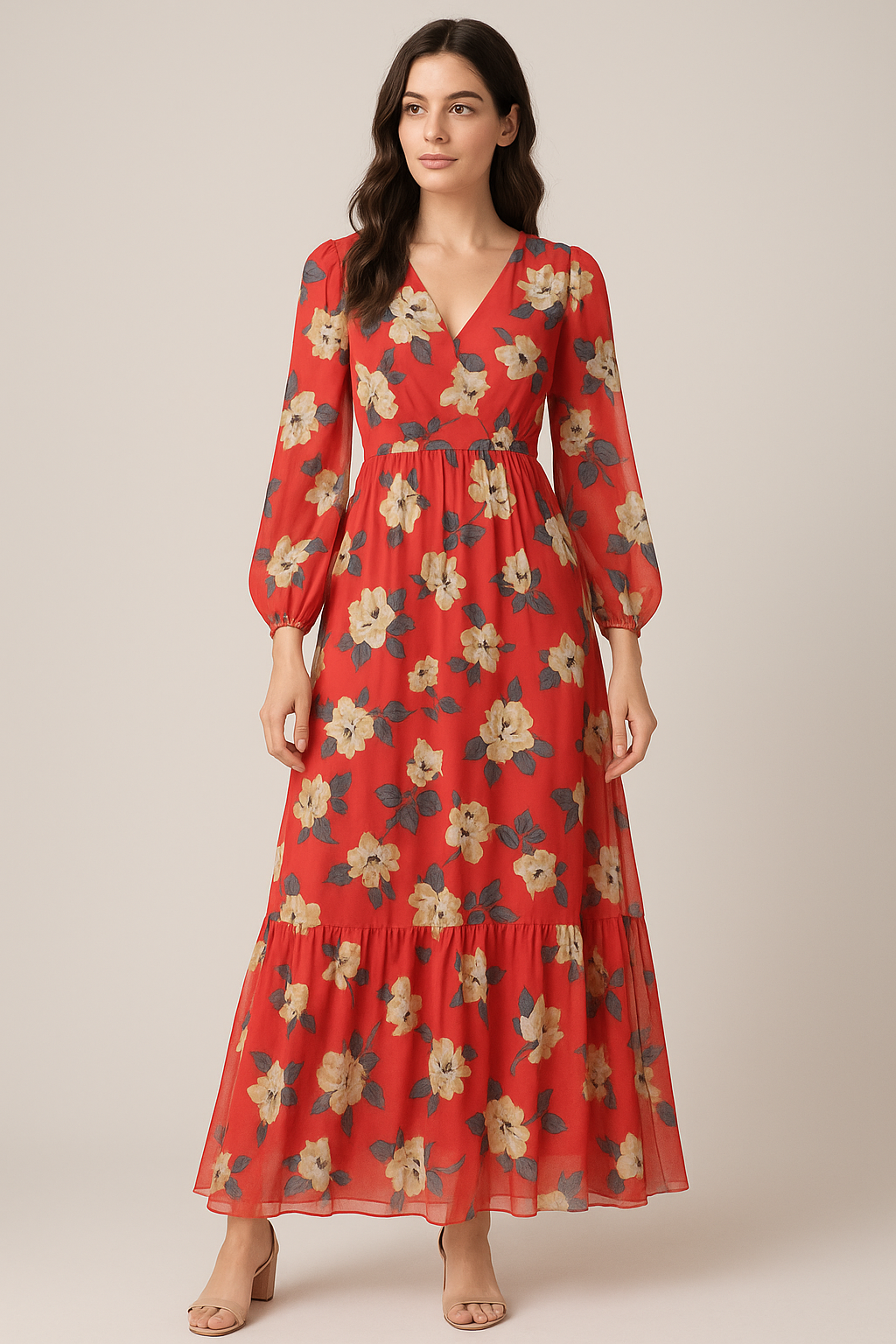 Red And White Flower Digital Printed Fabric - Pure Georgette