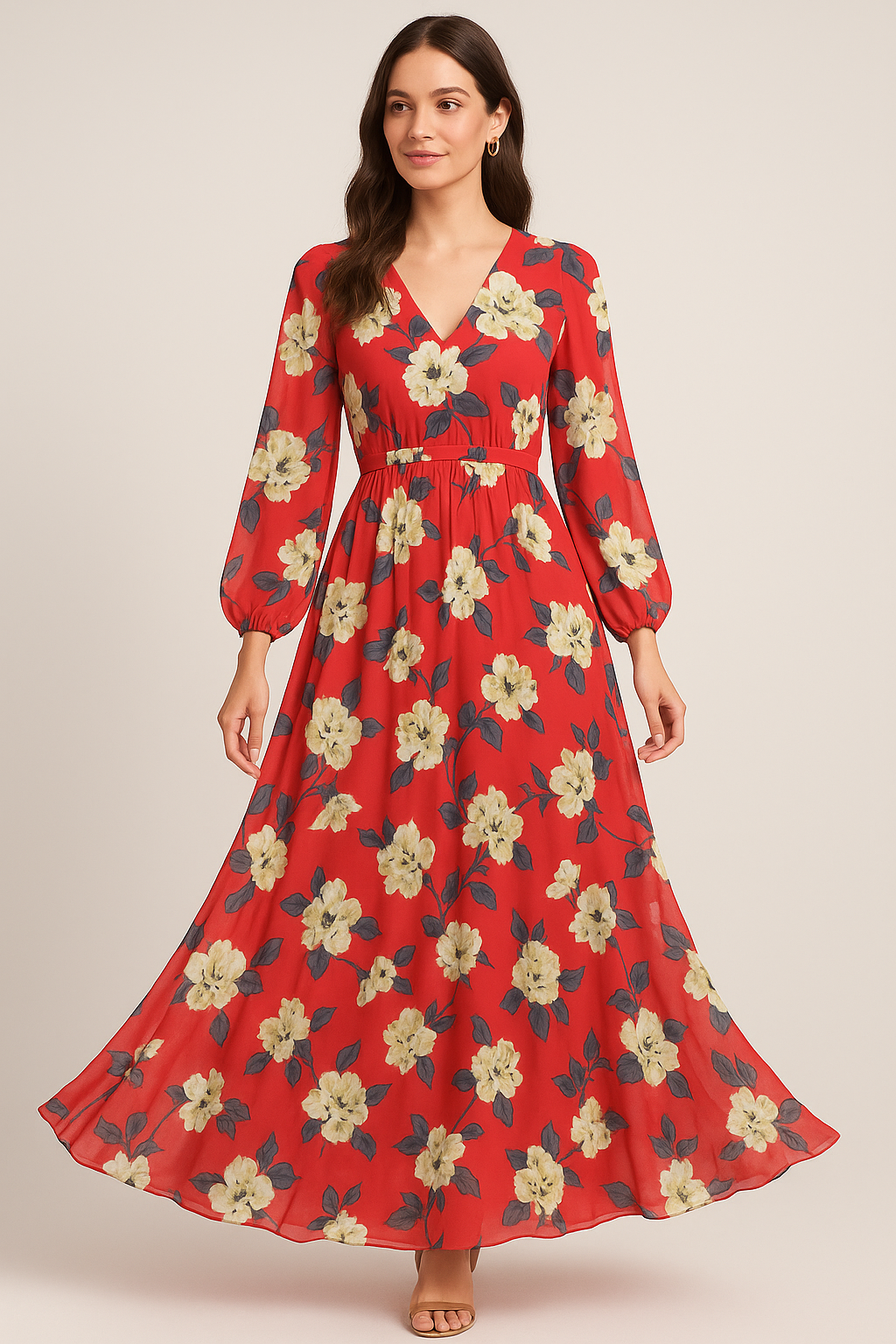 Red And White Flower Digital Printed Fabric - Pure Georgette