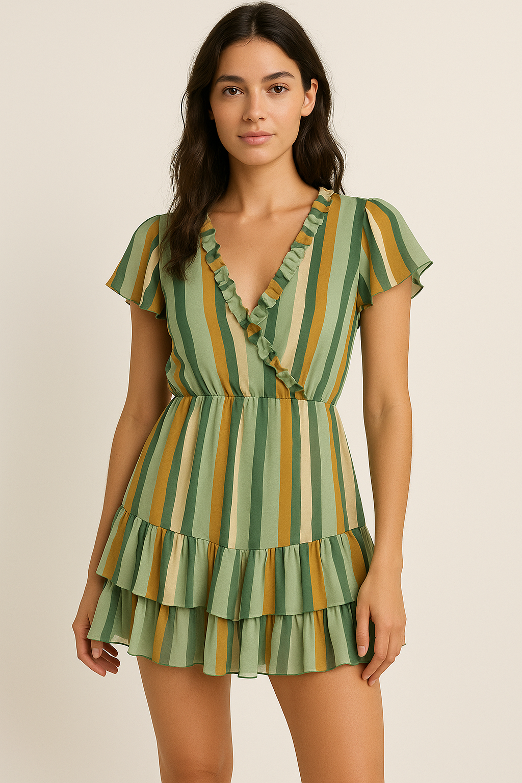 Yellow Green Stripes Digital Printed Fabric - Pure Georgette