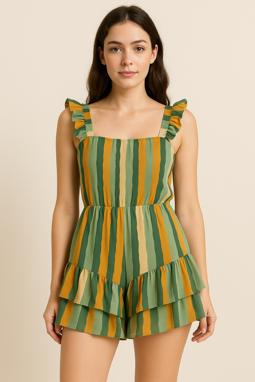 Yellow Green Stripes Digital Printed Fabric - Pure Georgette