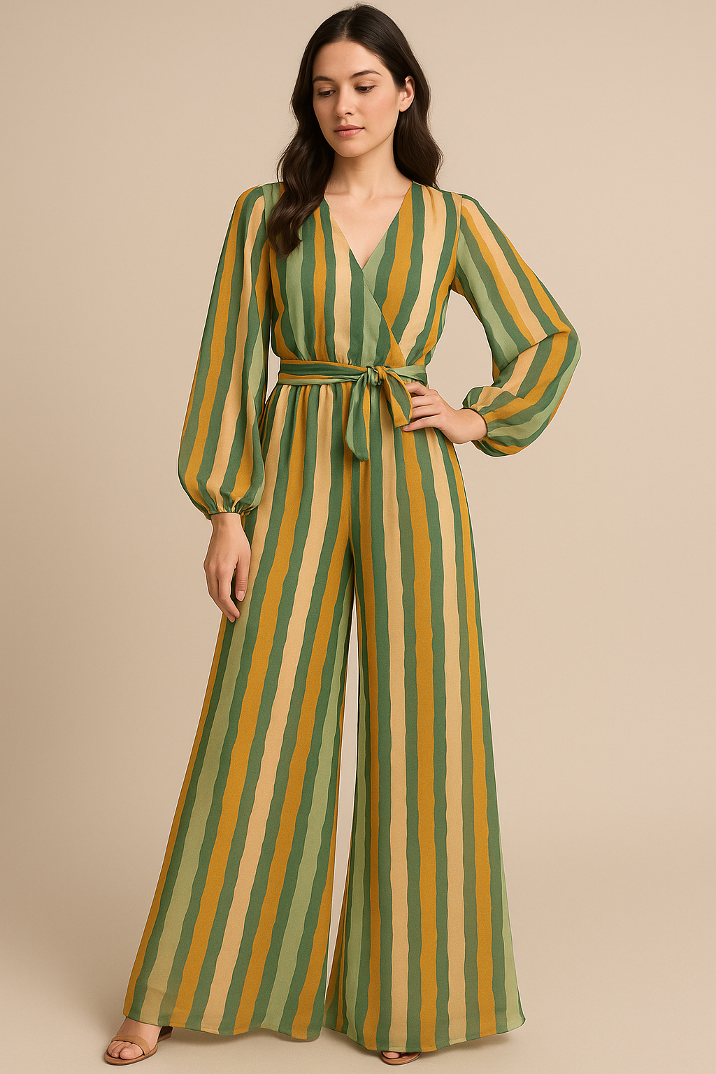 Yellow Green Stripes Digital Printed Fabric - Pure Georgette