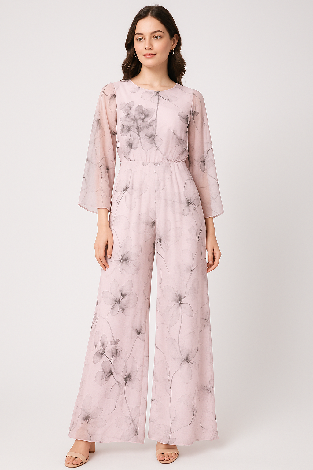 Black Floating Flowers Digital Printed Fabric - Pure Georgette