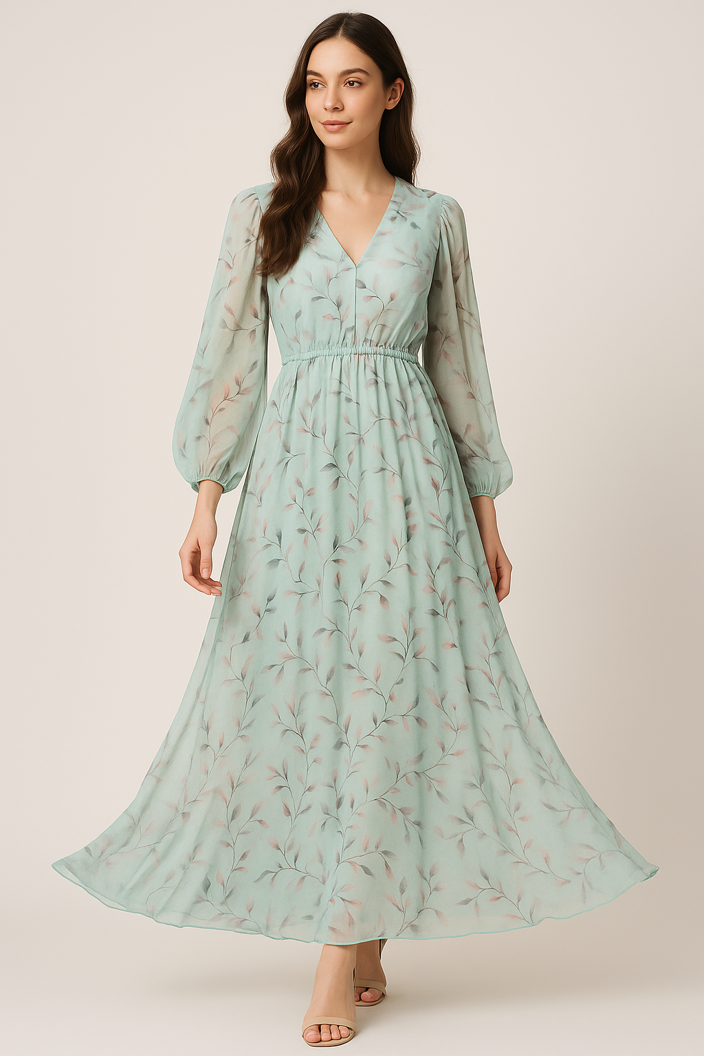 Bluish Thin And Light Leaves Digital Printed Fabric - Pure Georgette