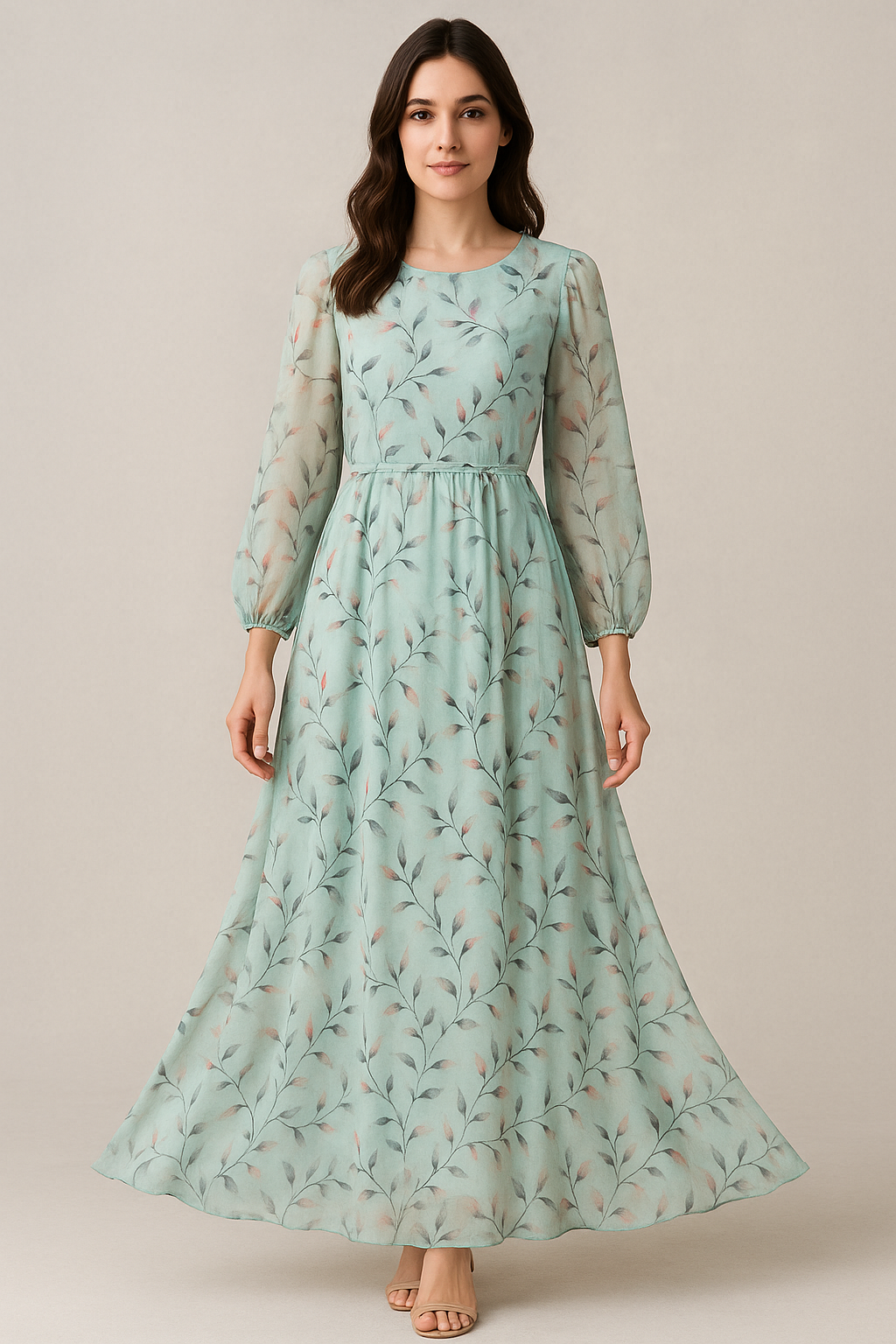 Bluish Thin And Light Leaves Digital Printed Fabric - Pure Georgette