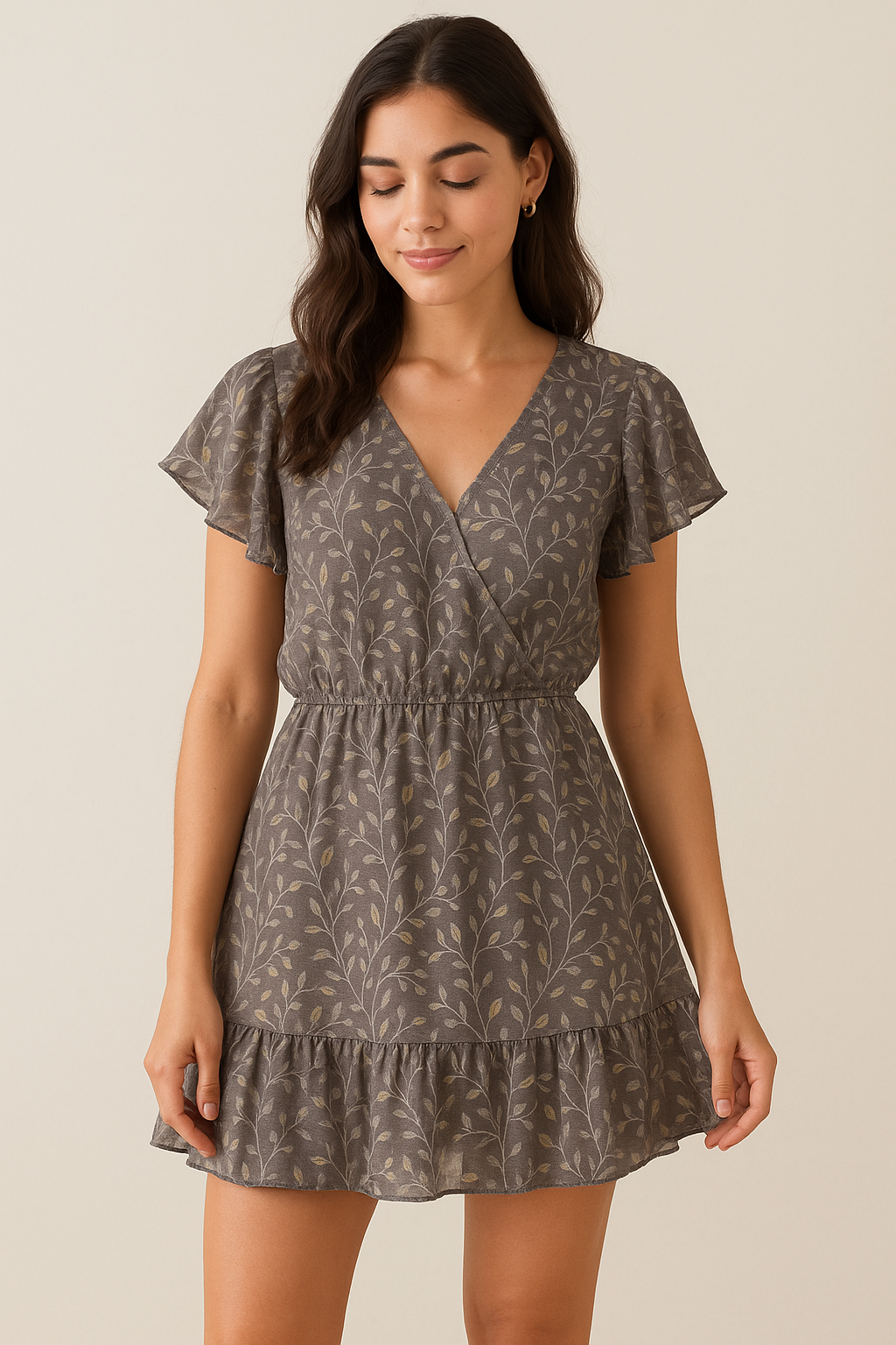 Brown Leaves With Stalk Digital Printed Fabric - Pure Georgette