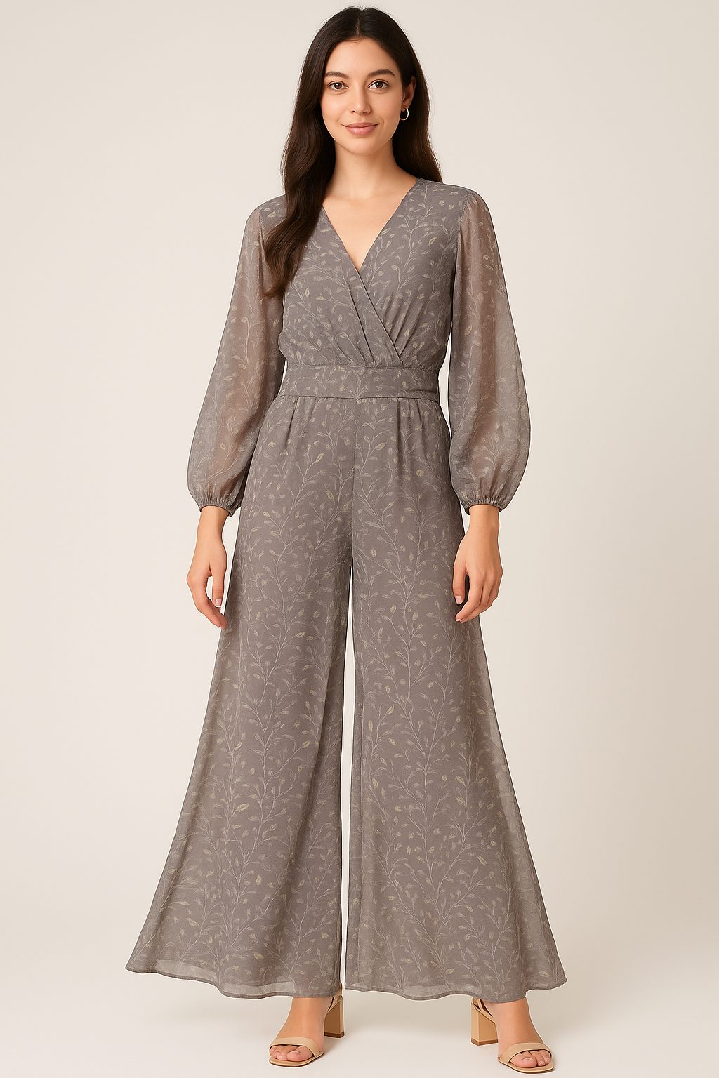 Brown Leaves With Stalk Digital Printed Fabric - Pure Georgette