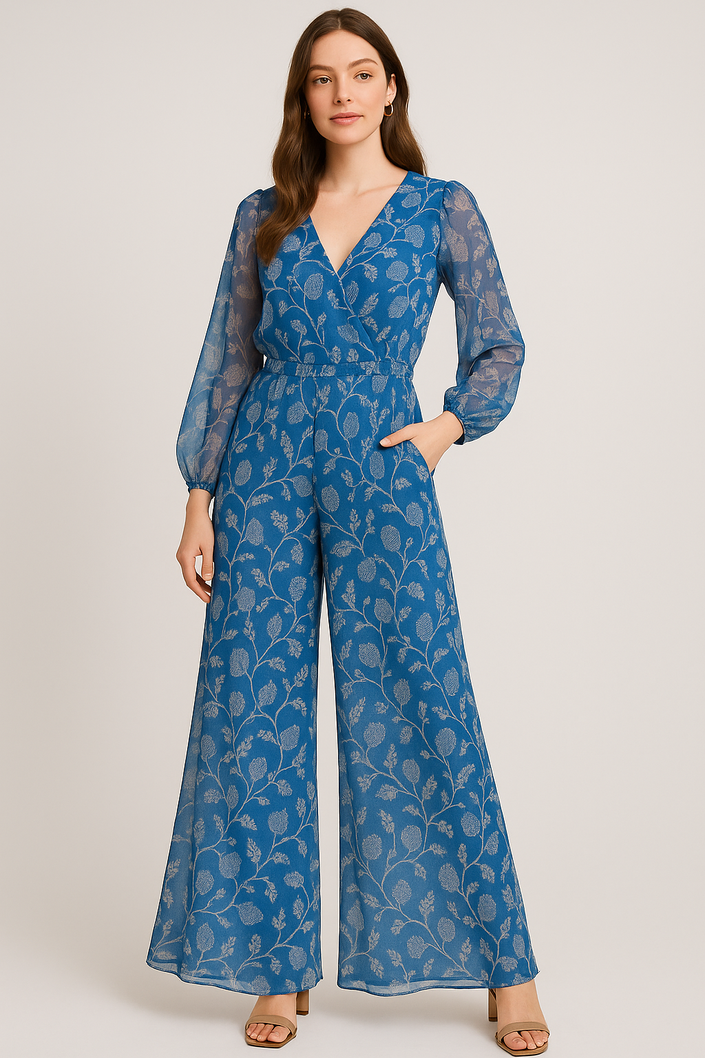 White Jasud Flower With Stalk Digital Printed Fabric - Pure Georgette