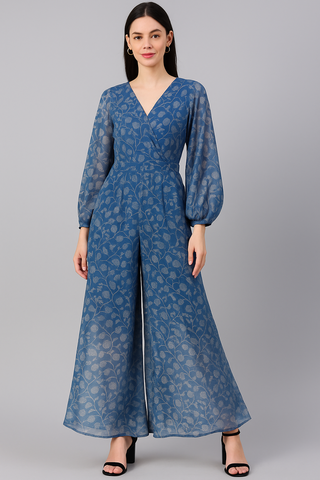 White Jasud Flower With Stalk Digital Printed Fabric - Pure Georgette