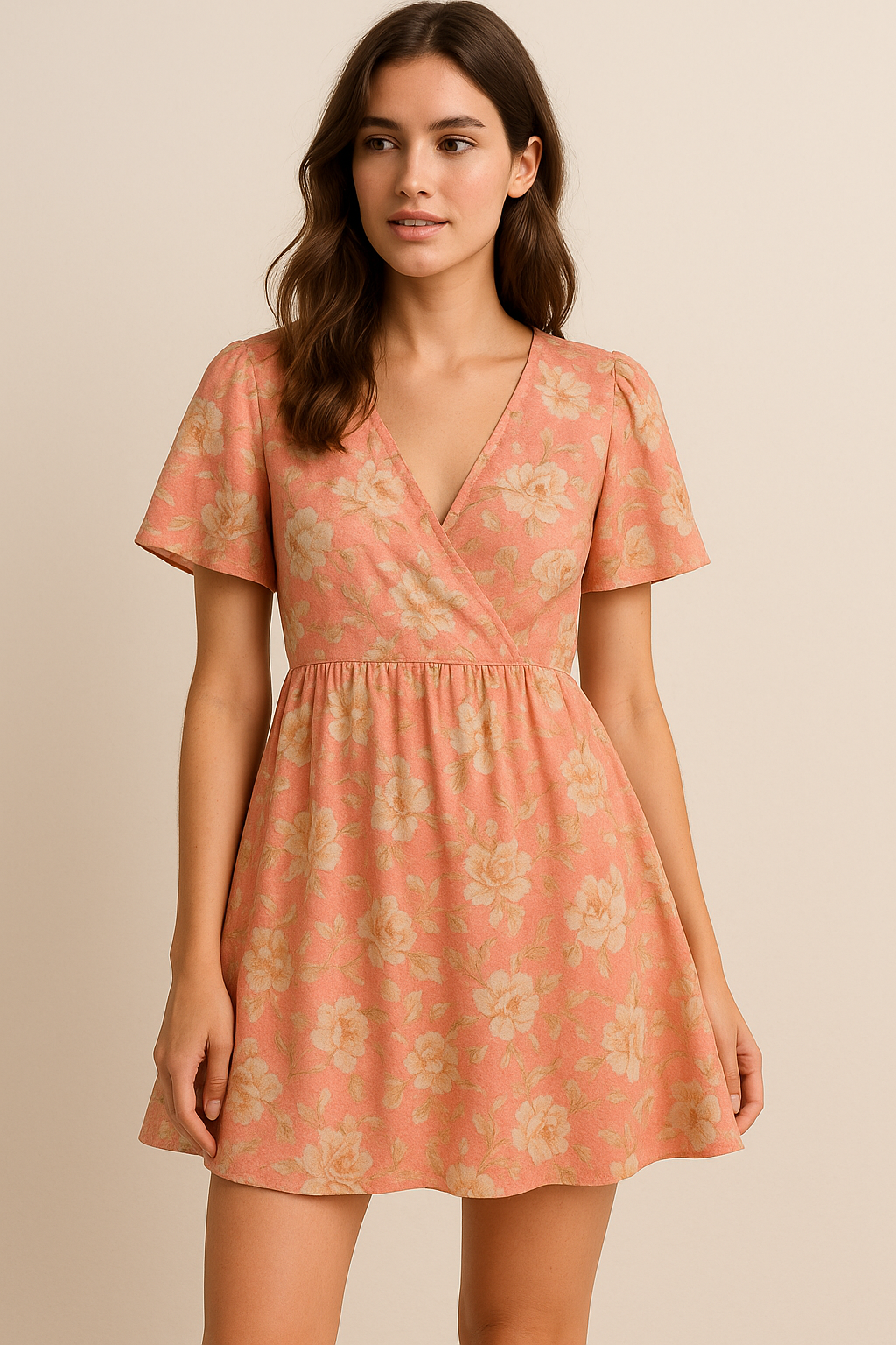 Pure Cotton Digital Printed Fabric - Peach Color & Floral Design