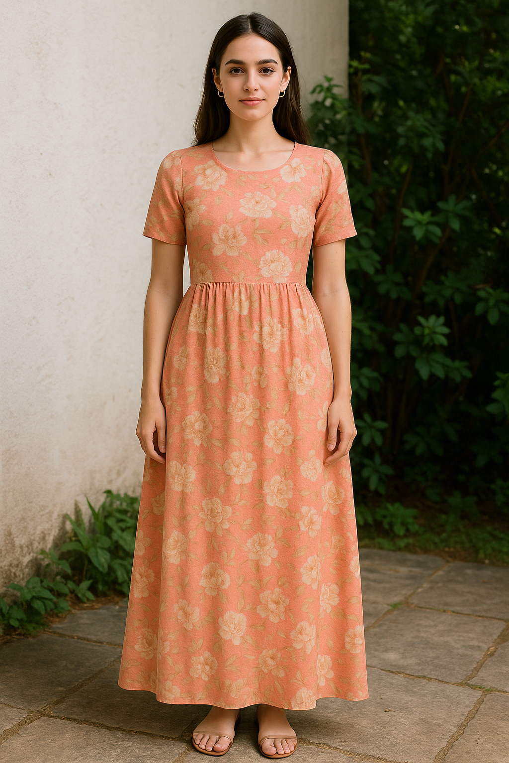 Pure Cotton Digital Printed Fabric - Peach Color & Floral Design