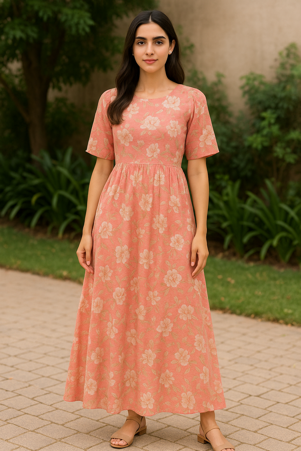 Pure Cotton Digital Printed Fabric - Peach Color & Floral Design