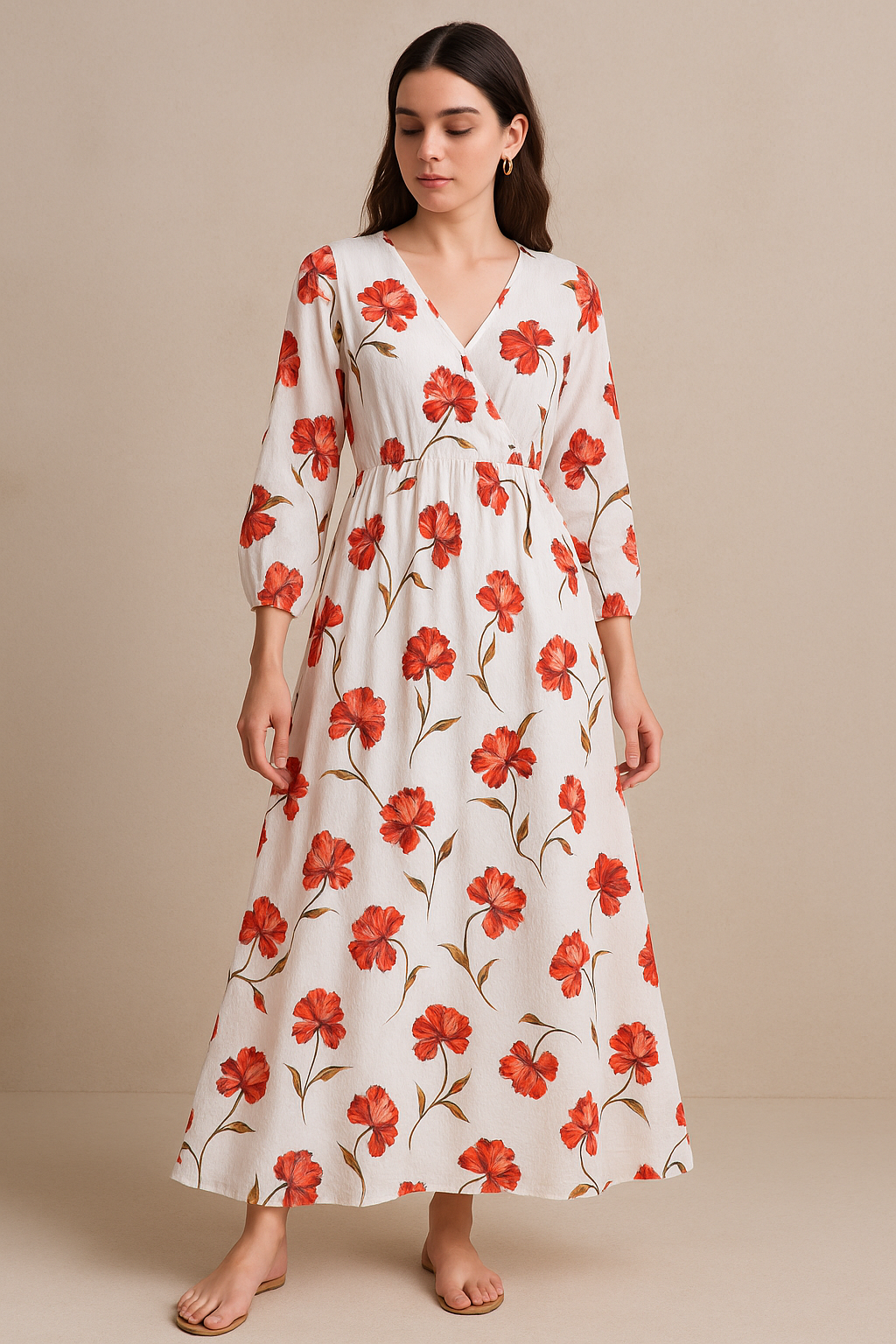 Dark Red Flower Printed Pure Cotton Fabric Material