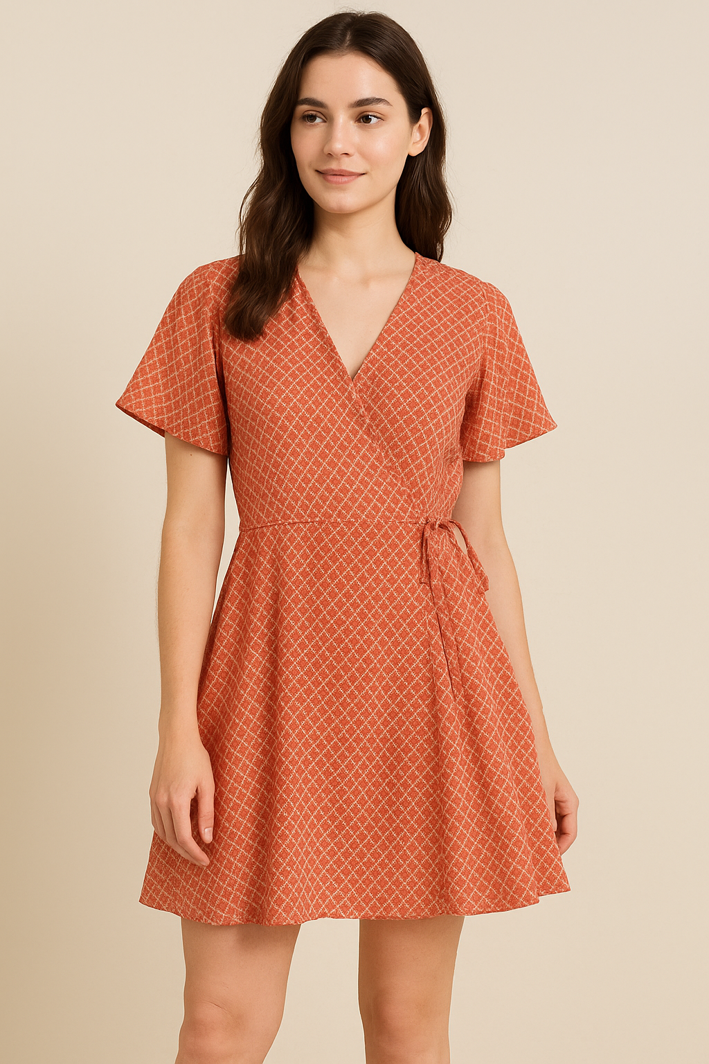 Orange Repeat Rhombus Lattice Digital Printed Fabric - Pure Cotton