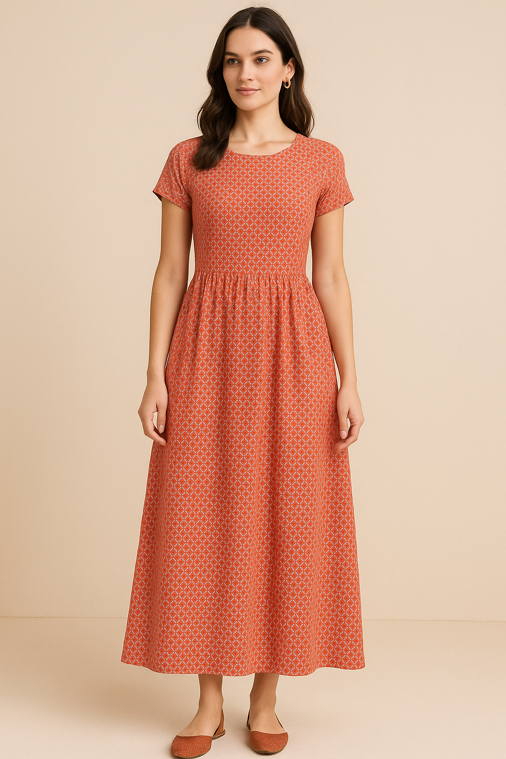 Orange Repeat Rhombus Lattice Digital Printed Fabric - Pure Cotton