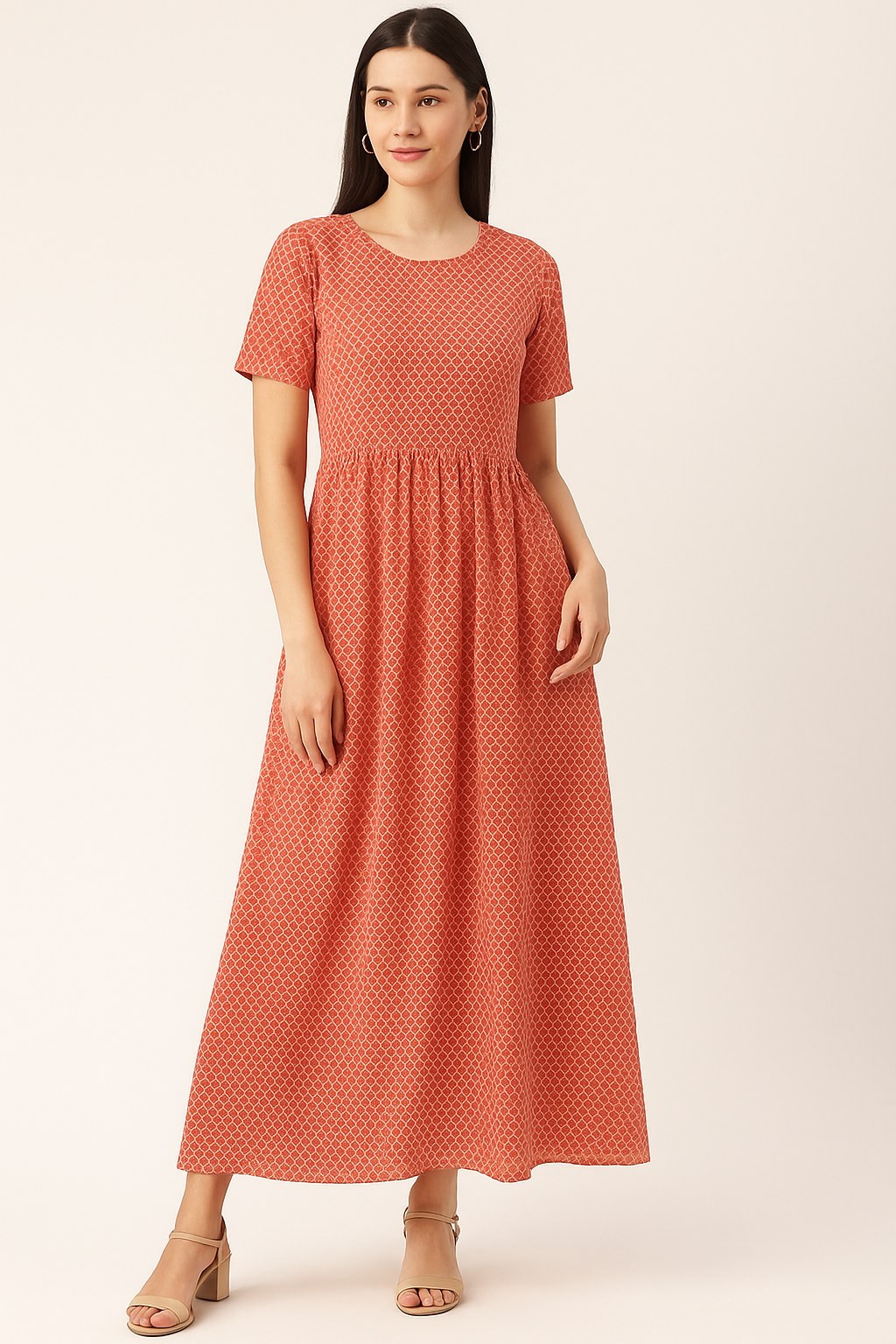 Orange Repeat Rhombus Lattice Digital Printed Fabric - Pure Cotton