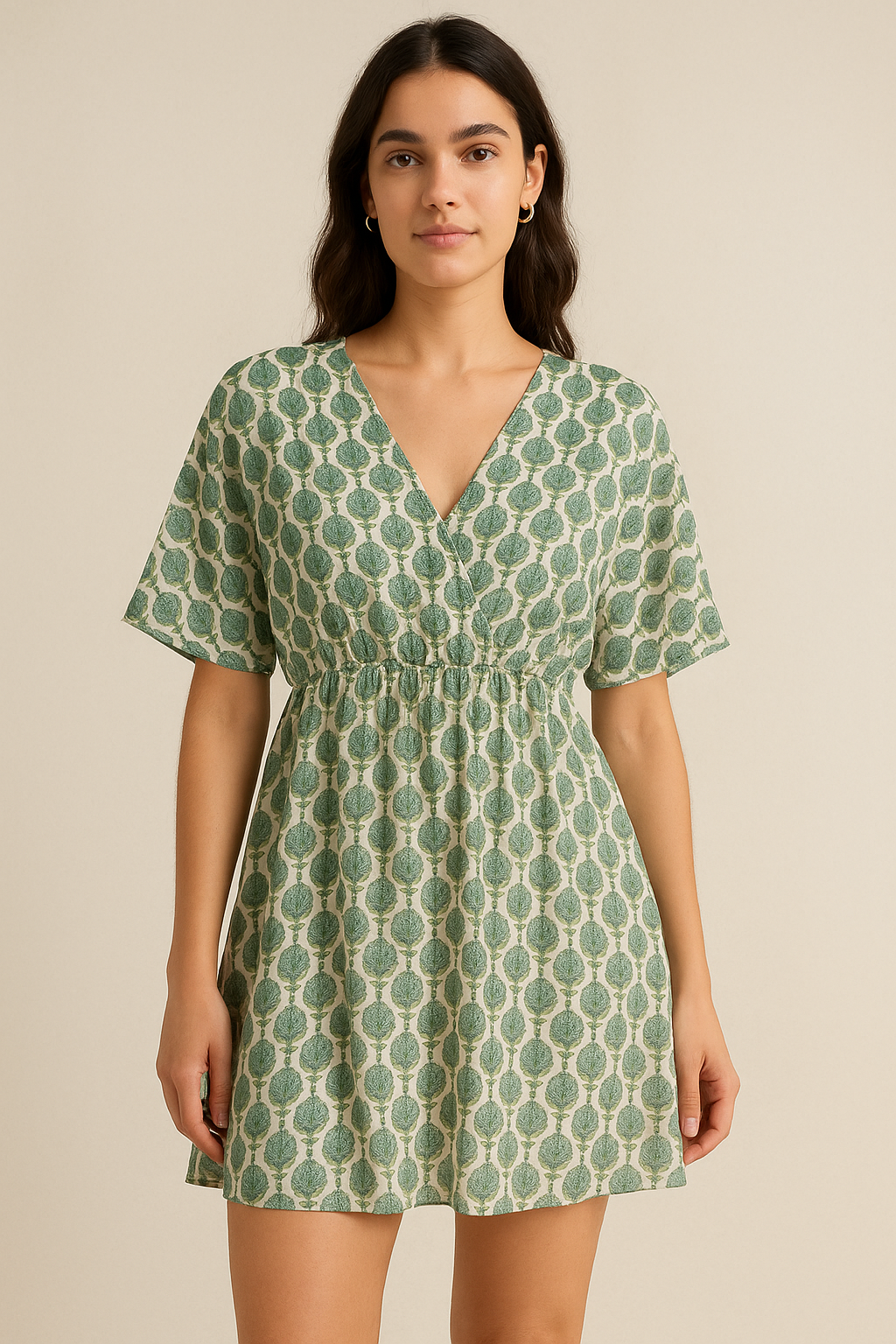 Decorative Palmate Divergent Green Pista Leaves Digital Printed Fabric - Pure Cotton