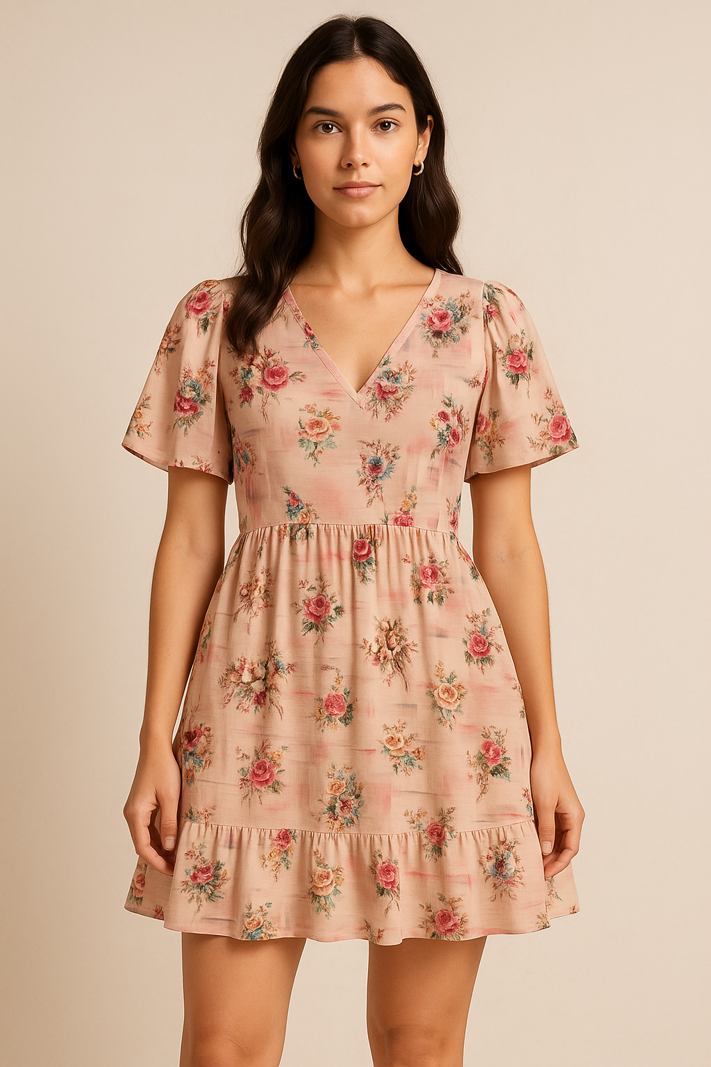 Red Roses With Peach Rose Blury Texture Digital Printed Fabric - Pure Cotton