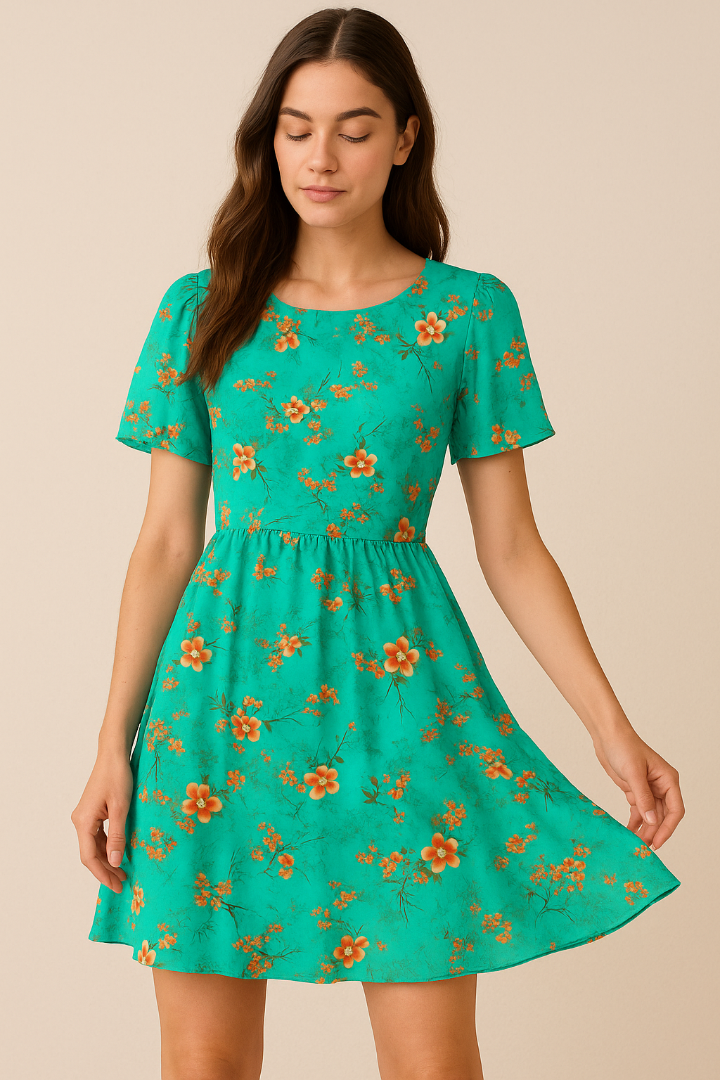 Persimmon Leaves With  Orange Violet Flower Digital Printed Fabric - Pure Cotton