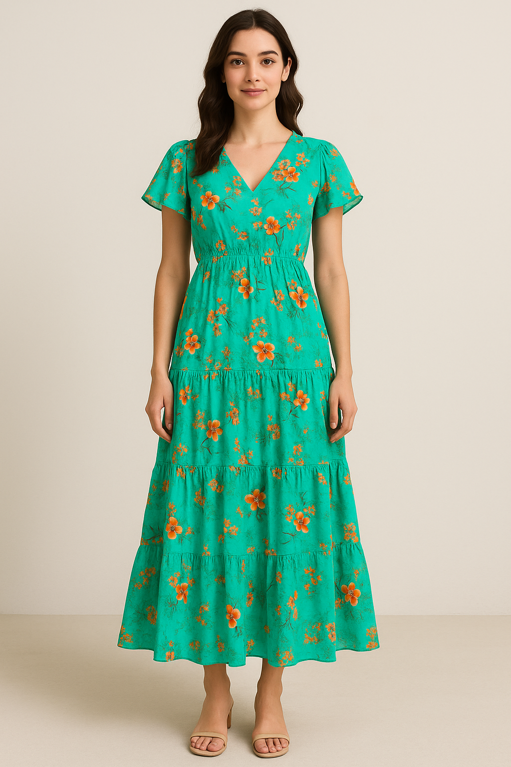 Persimmon Leaves With  Orange Violet Flower Digital Printed Fabric - Pure Cotton