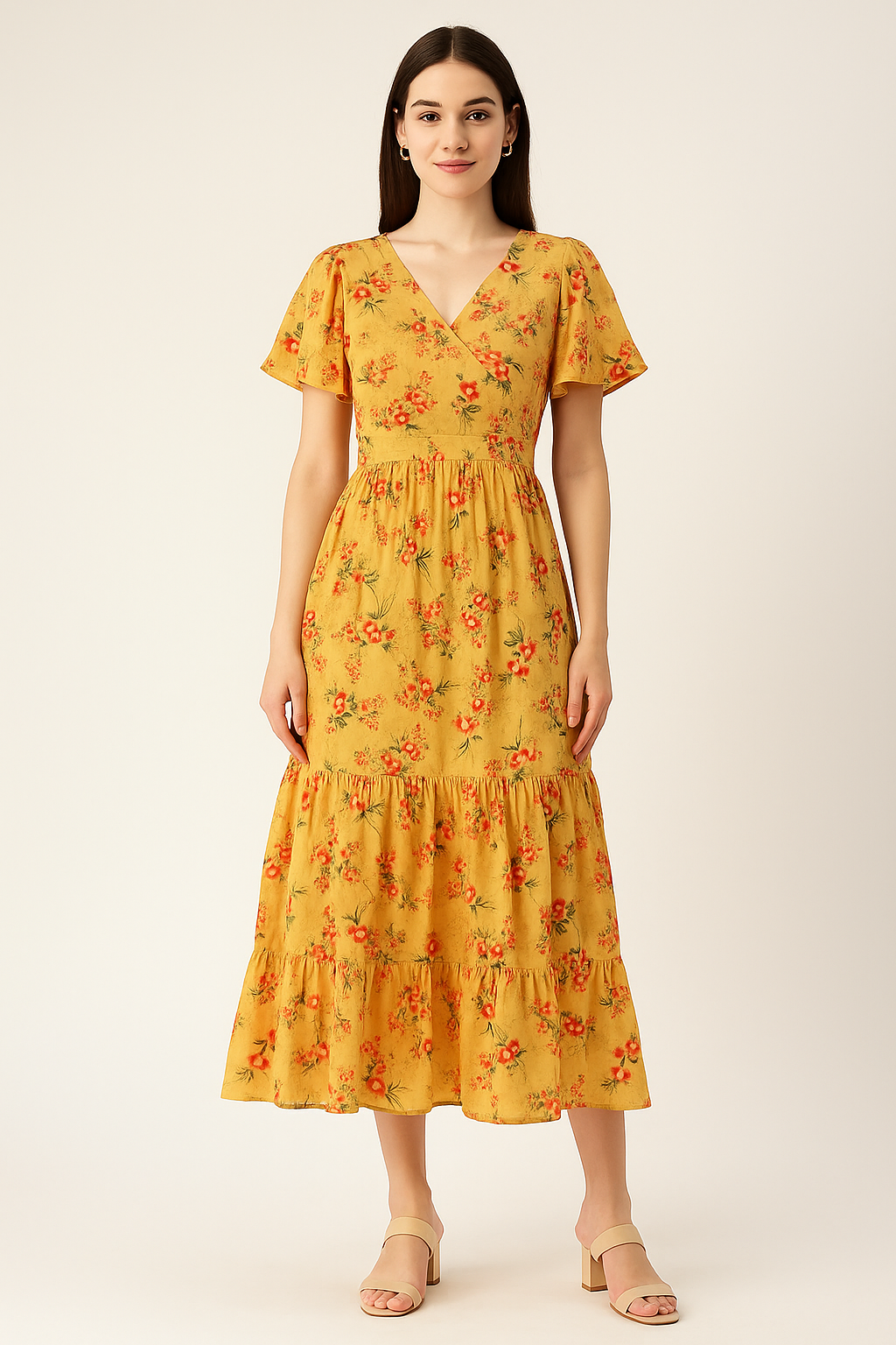 Green Garnet Leaves Red Floral Flower Digital Printed Fabric - Pure Cotton