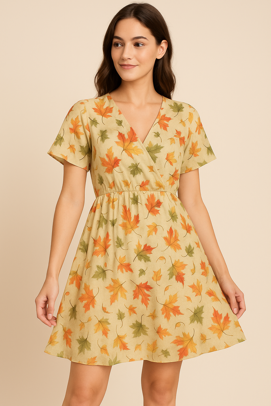 Canadian Maple Green With Orange Leaf Digital Printed Fabric - Pure Cotton