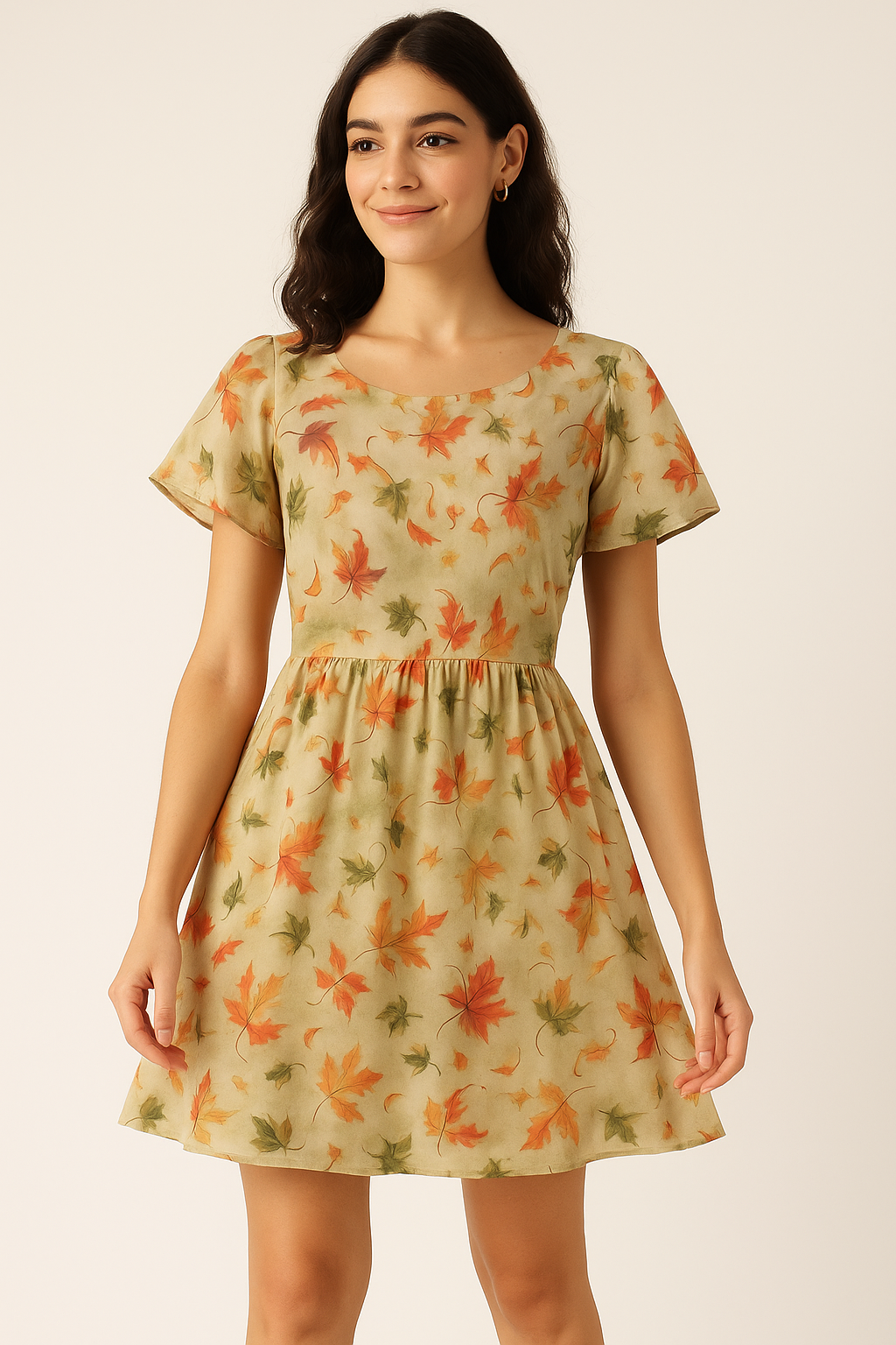 Canadian Maple Green With Orange Leaf Digital Printed Fabric - Pure Cotton