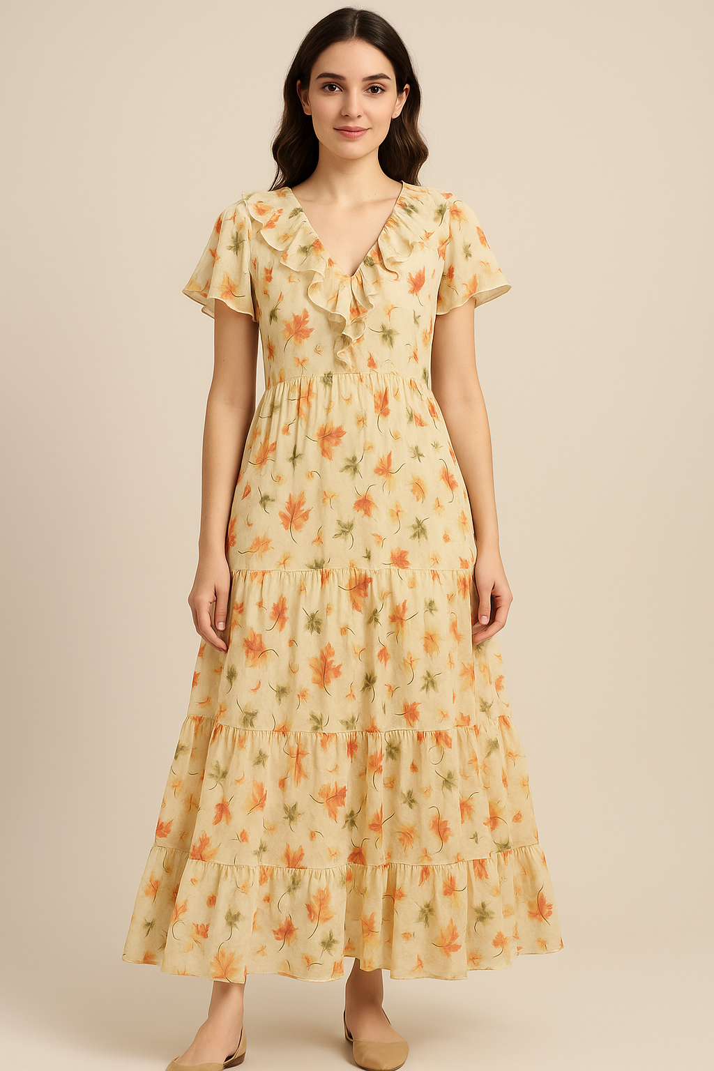 Canadian Maple Green With Orange Leaf Digital Printed Fabric - Pure Cotton