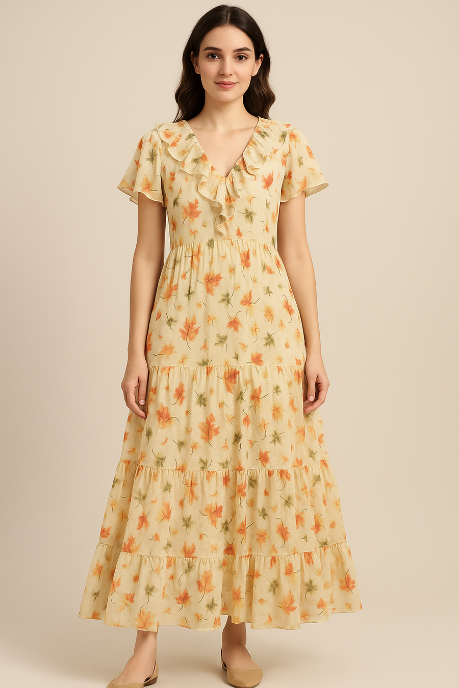 Canadian Maple Green With Orange Leaf Digital Printed Fabric - Pure Cotton