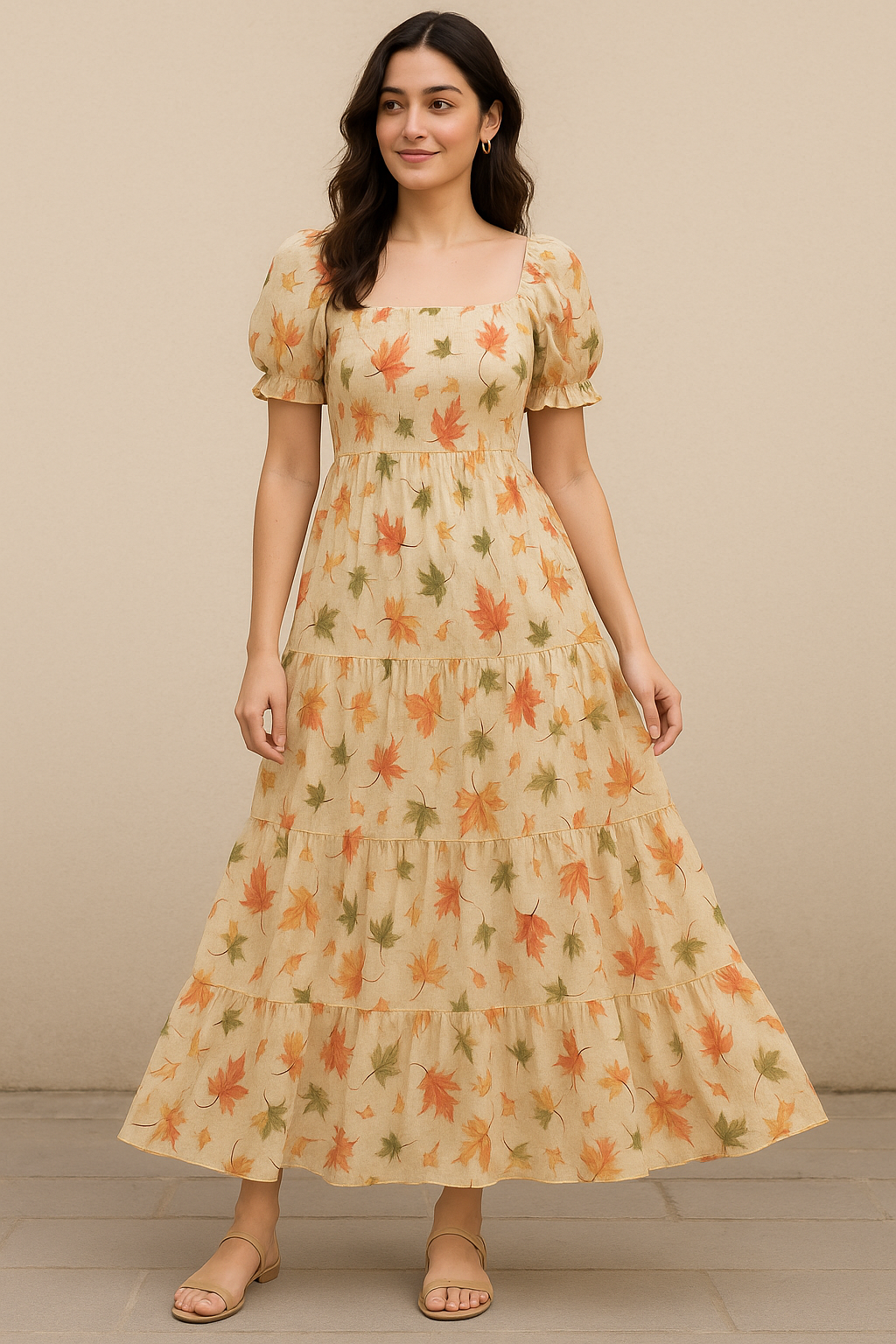 Canadian Maple Green With Orange Leaf Digital Printed Fabric - Pure Cotton