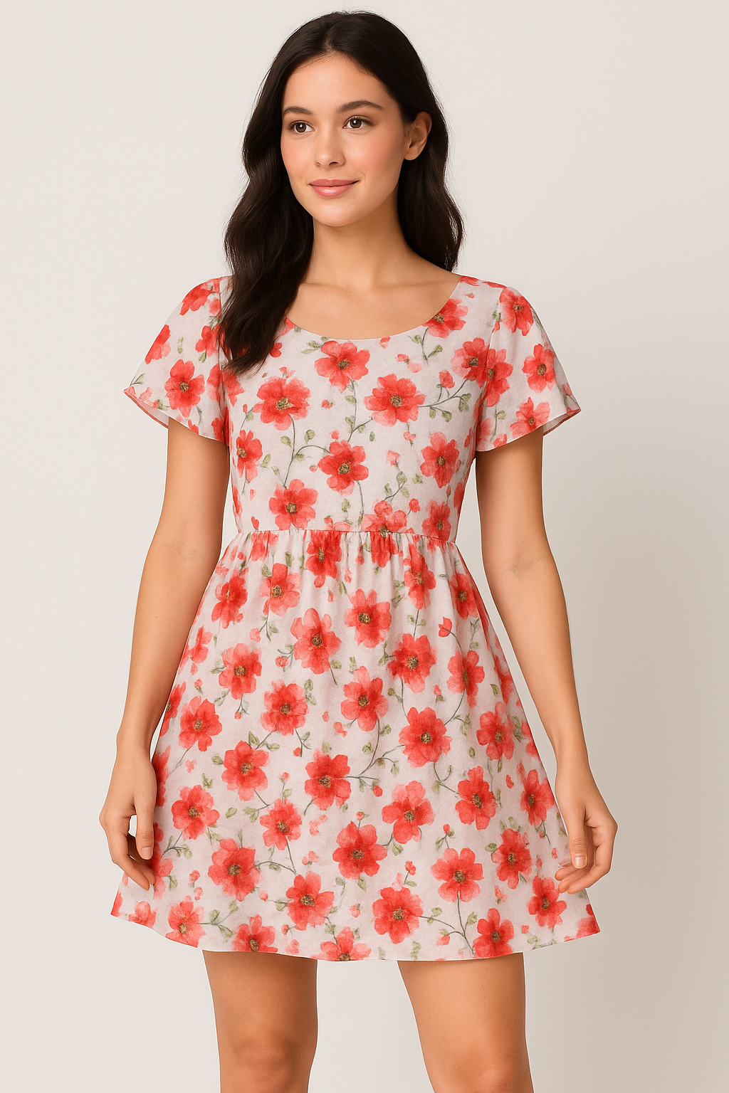 Red Violet Flower Green Buds Digital Printed Fabric - Pure Cotton