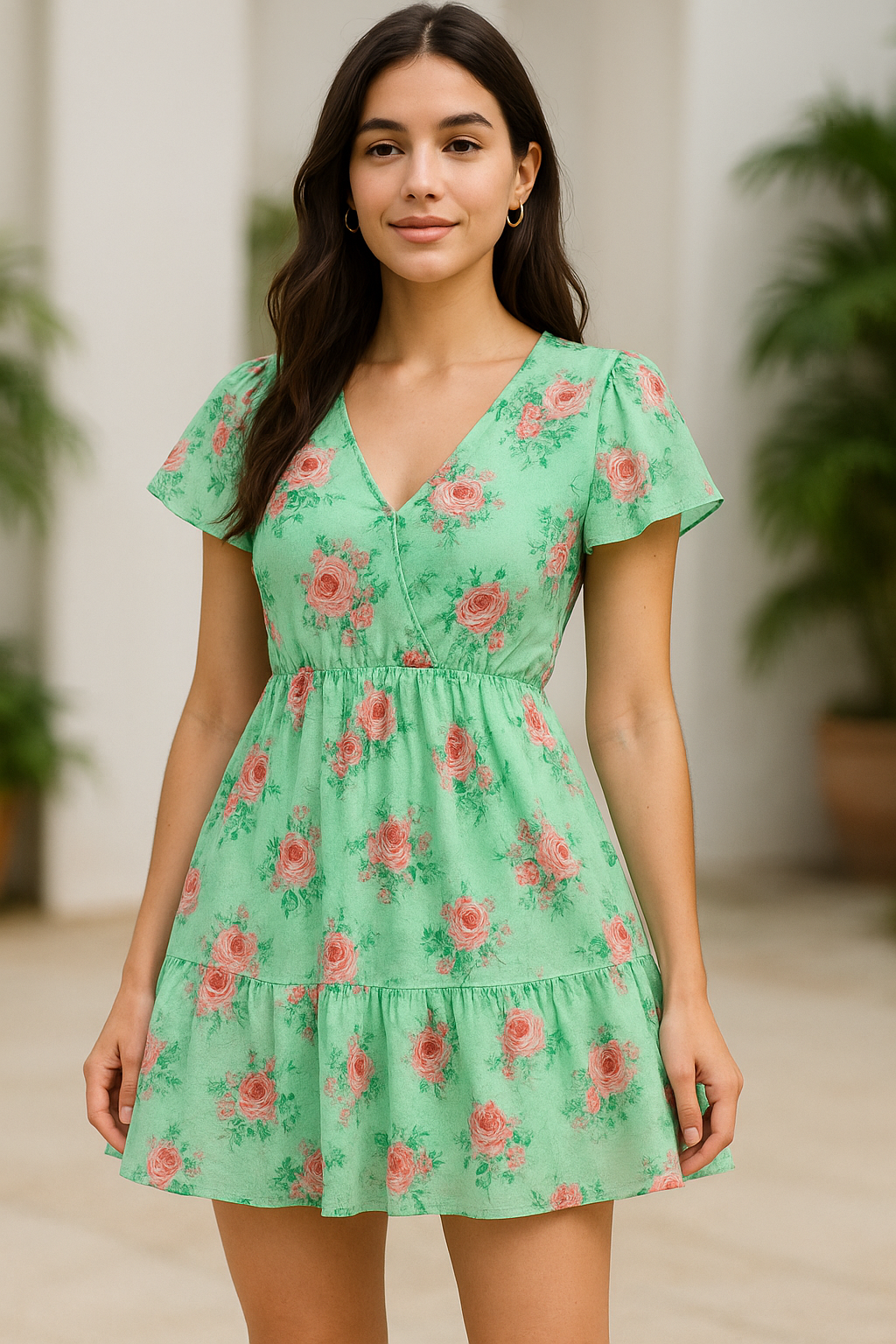 Pink Roses With Pista Background Roses Digital Printed Fabric - Pure Cotton