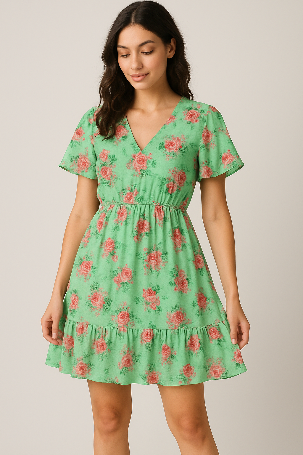 Pink Roses With Pista Background Roses Digital Printed Fabric - Pure Cotton