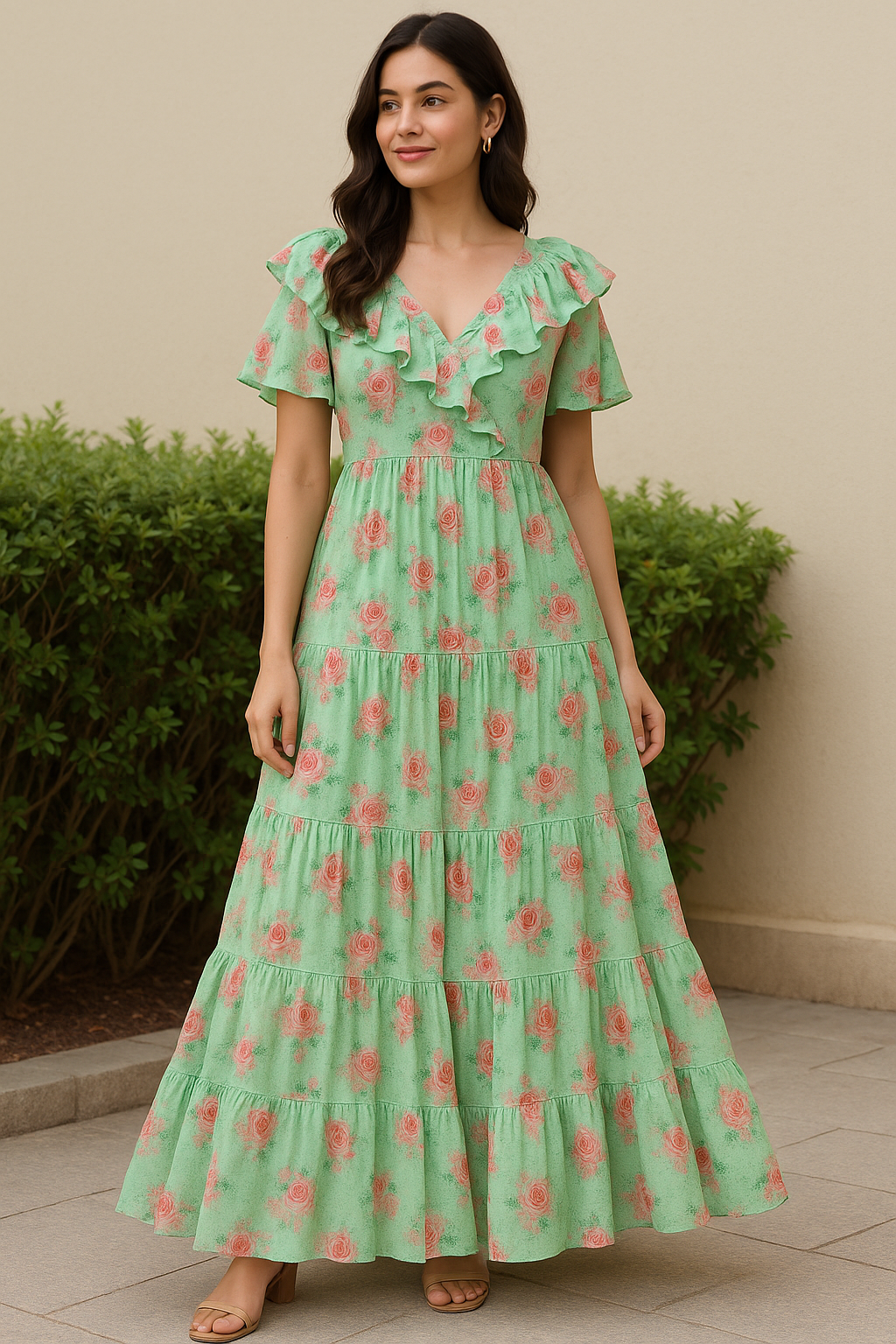 Pink Roses With Pista Background Roses Digital Printed Fabric - Pure Cotton