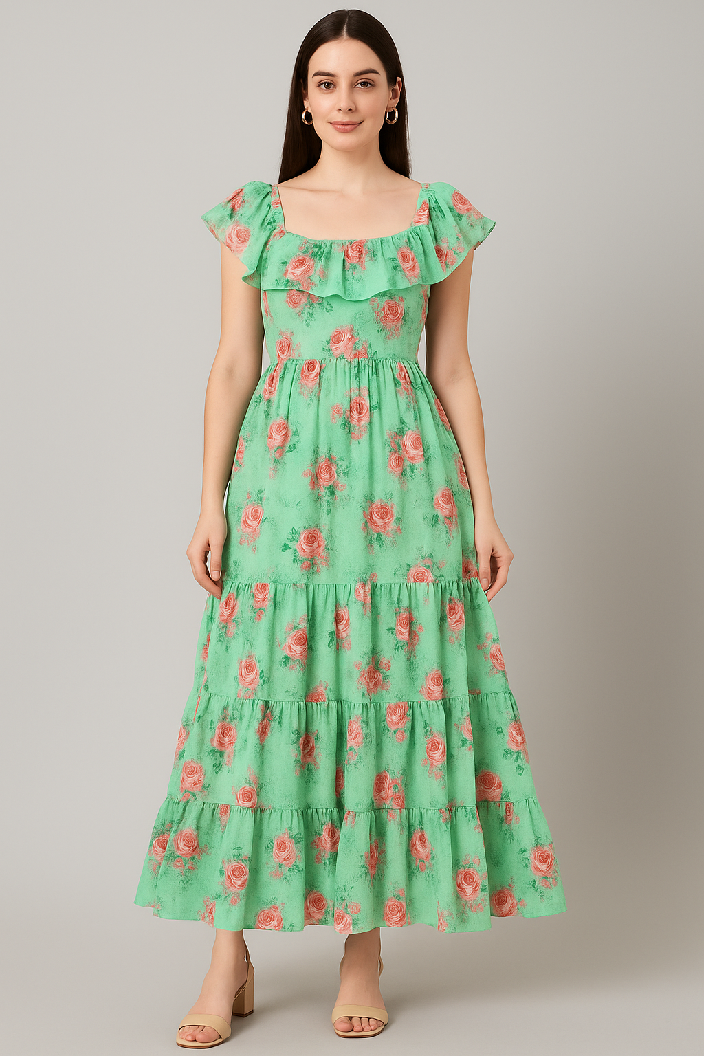 Pink Roses With Pista Background Roses Digital Printed Fabric - Pure Cotton