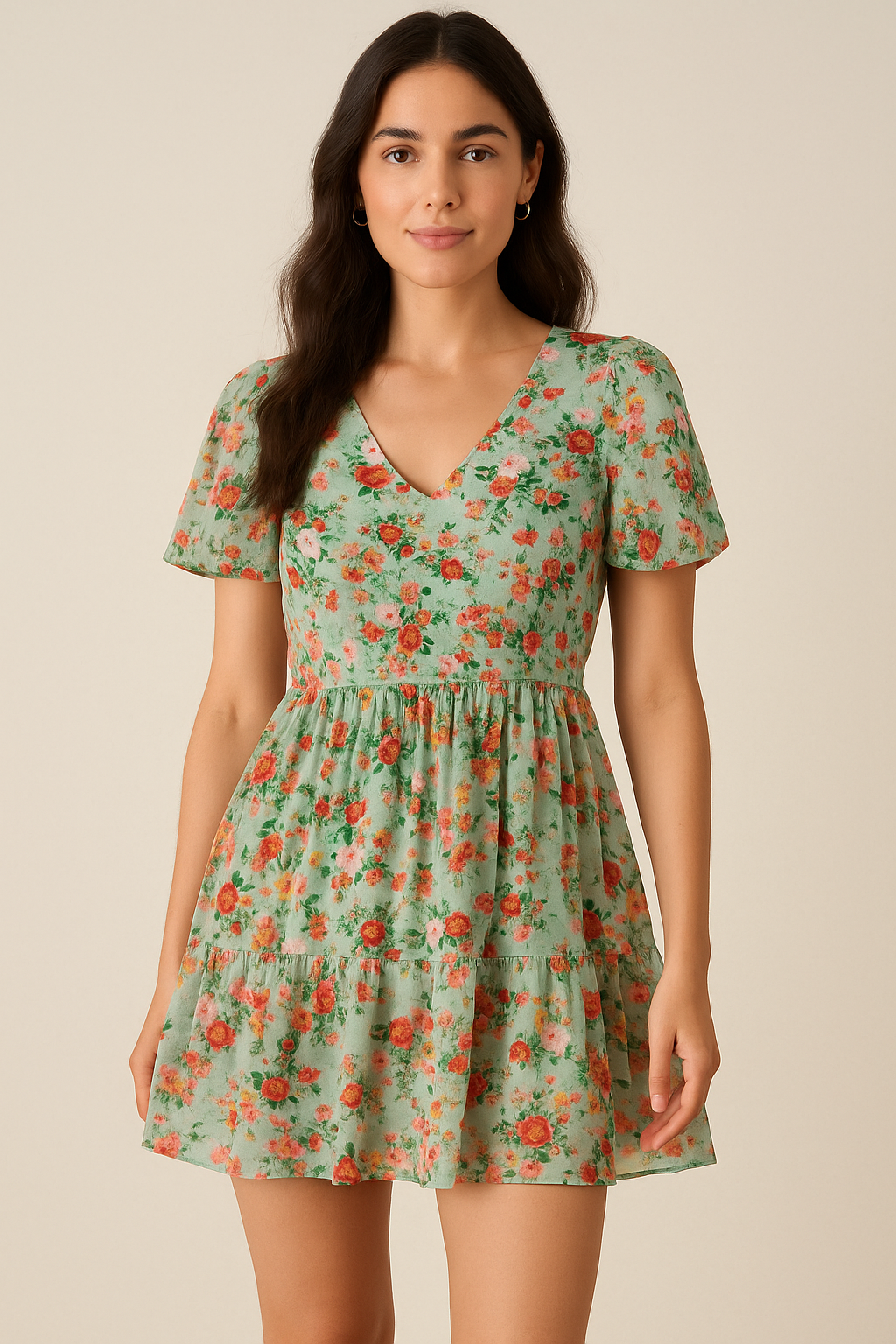 White Daisy With Red Roses Floral Digital Printed Fabric - Pure Cotton