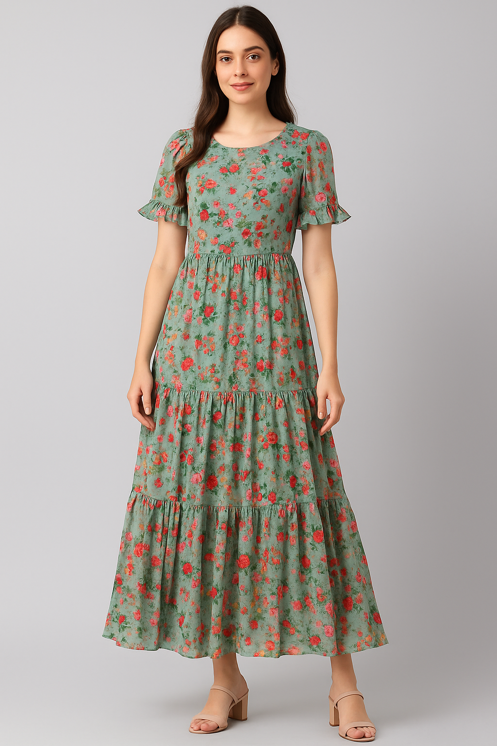 White Daisy With Red Roses Floral Digital Printed Fabric - Pure Cotton