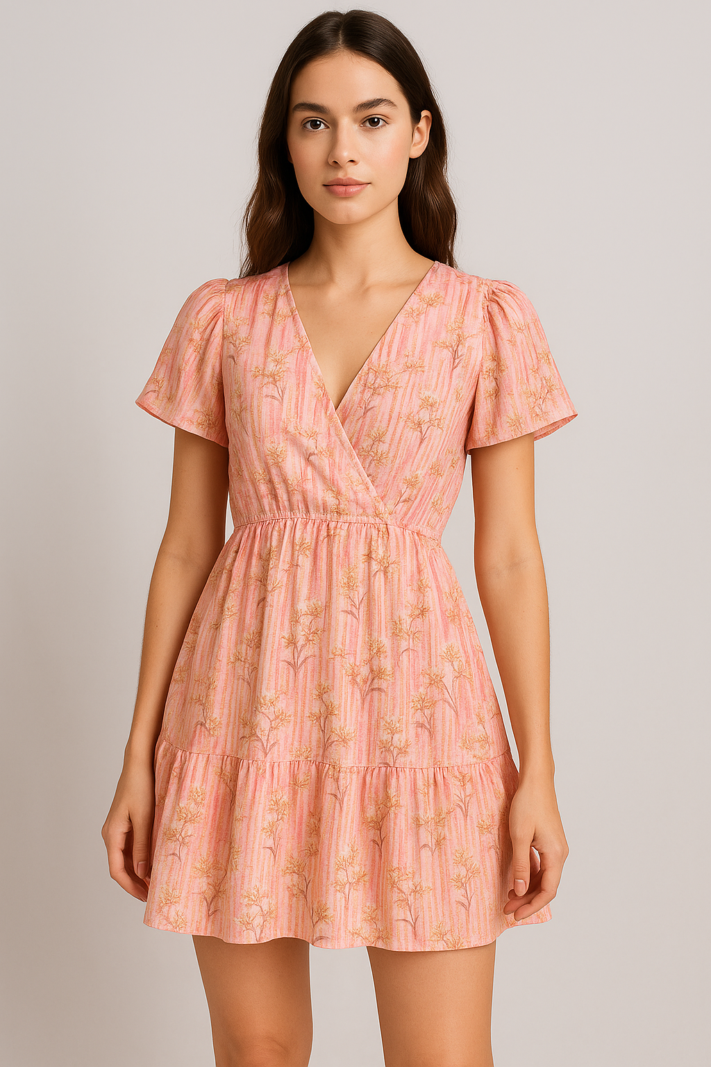 Pink Flower Leaves With Strips Digital Printed Fabric - Pure Cotton