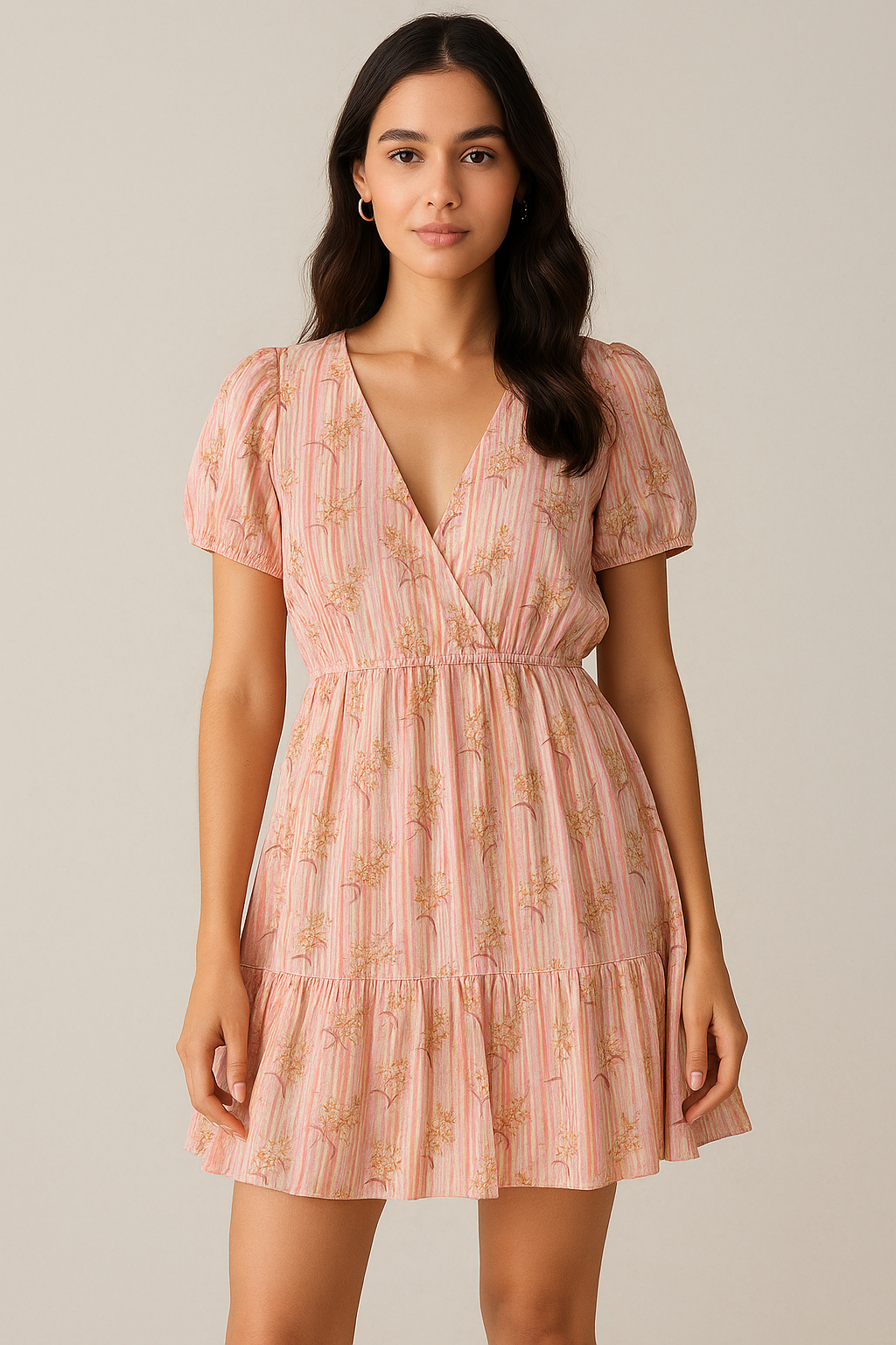 Pink Flower Leaves With Strips Digital Printed Fabric - Pure Cotton